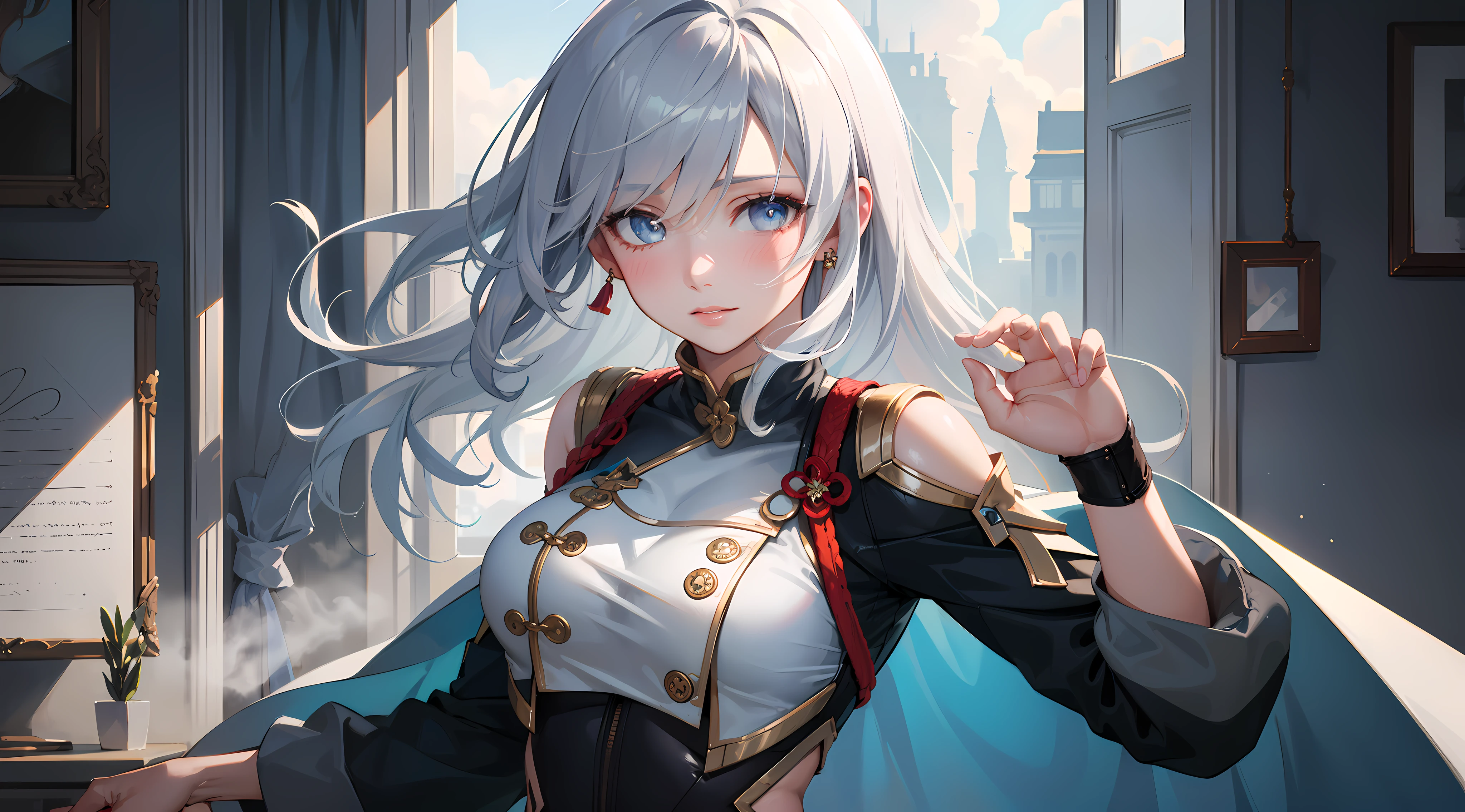 electrician girl, electrician suit, upper body, seductive look, blush, indoors, in office, looking at viewer, cloudy, moody lighting, (perfect detail eyes:1.2), glowing eyes, (long hair:1.2), elemental skill effect, (Masterpiece, Best Quality, High Quality:1.4), professional artwork, Intricate Details, field of view, sharp focus, detailed painting, photorealistic lighting, trending on pixiv, (vivid lighting, vibrant colors:1.05), realistic shadows, ambient occlusion, (athletic body:1.3), mature woman, 30yo, shenhe, hyperdetail eyes, beautiful eyes, (((solo:1.4))), semi-realistic hair