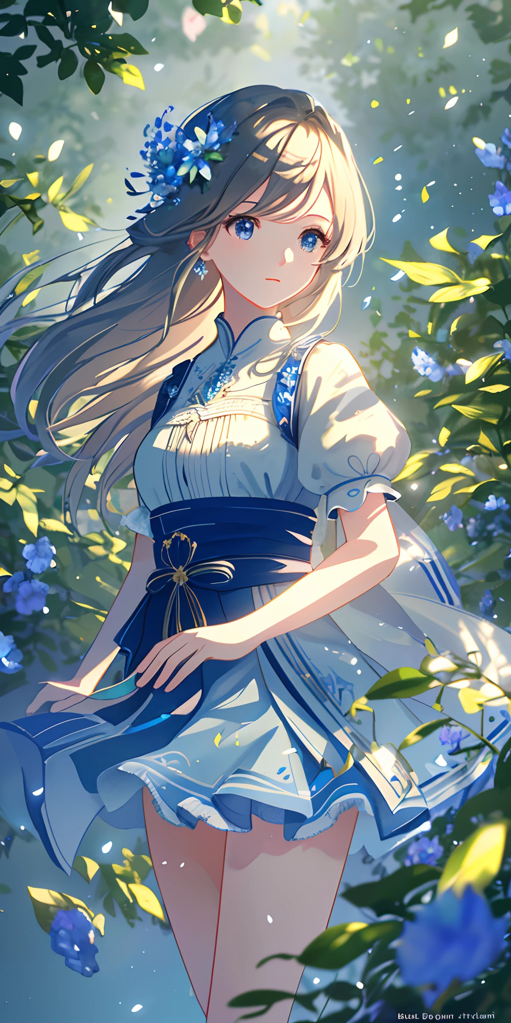 Masterpiece, best quality, (very detailed CG unity 8k wallpaper) (best quality), (best illustration), (best shadows) Nature', blue sea,delicate leaves petals of various colors falling in the air light Tracking, super detailed --v6