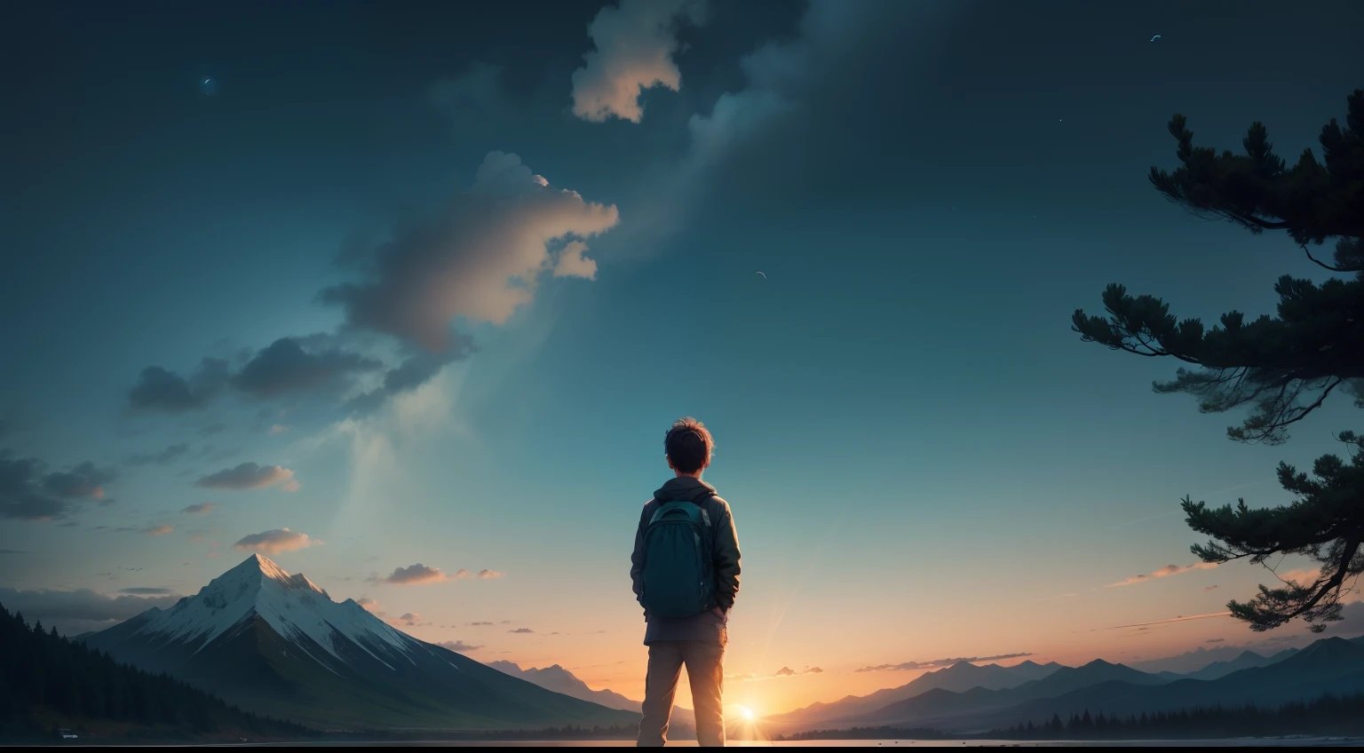 A high mountain, on which a boy is standing, looking at the sky, open sky, calm, like a movie, the trees are green, the birds are chirping,highlighting, sunset
