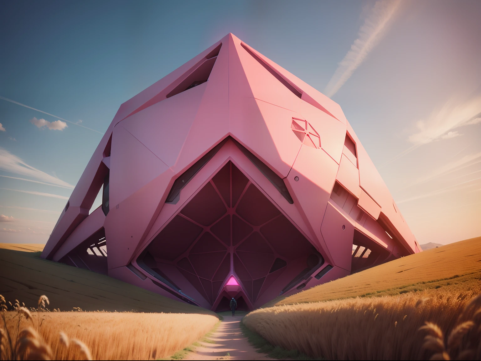 Pink sci-fi surrealist polygon，Located above the wheat field