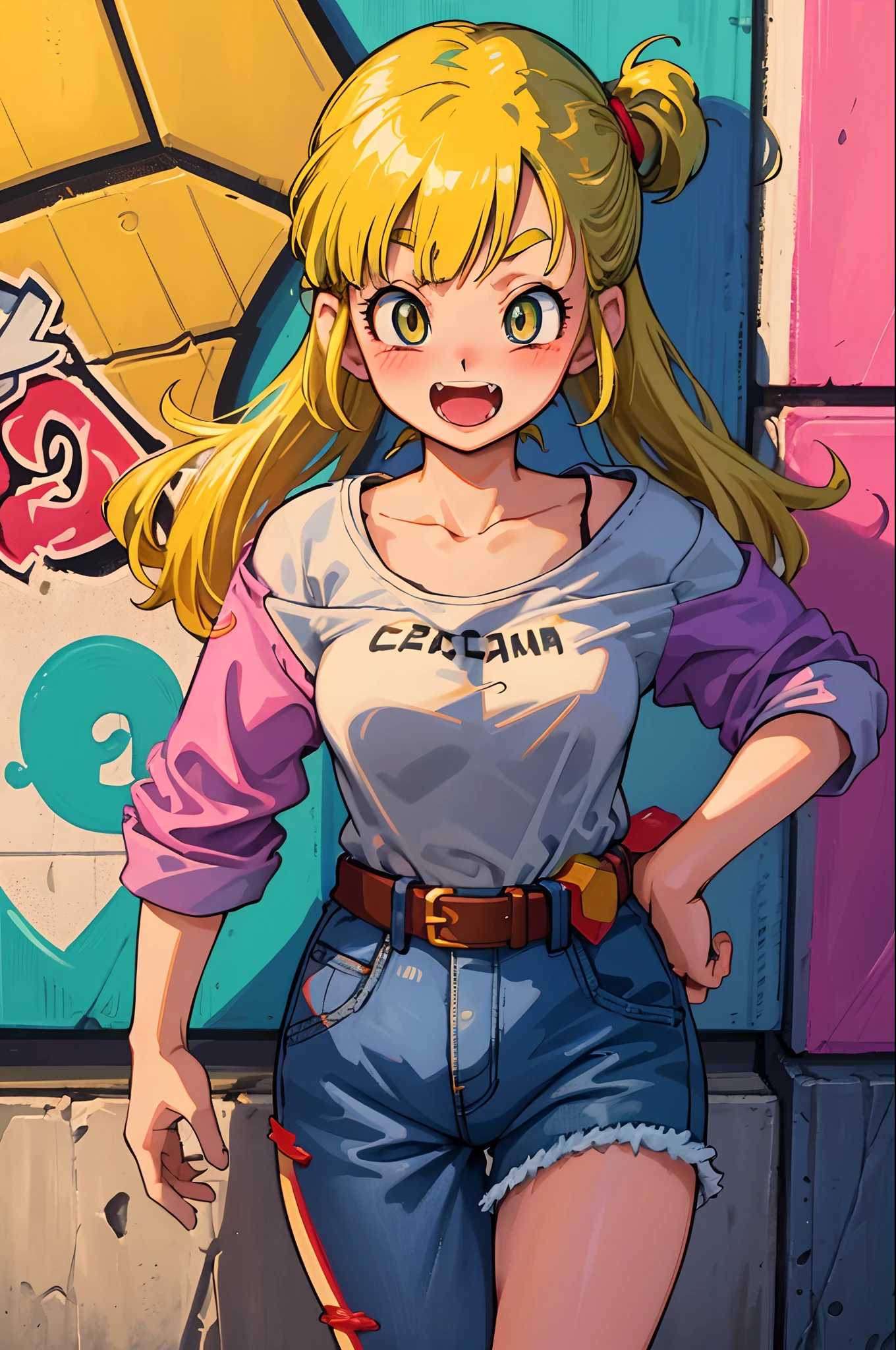 Original Character, Volumetric Lighting, Best Shadows, Shallow Depth of Field, Portrait Of Stunningly Beautiful Girl, Petite, Delicate Beautiful Attractive Face With Alluring Yellow Eyes, Messy Painted Face, Sharp Eyebrows, Broadly Smiling, Open Mouth, Fangs Out, Lovely Medium Breasts, Layered Long Twintail Blond Hair, Blush Eyeshadow, Thick Eyelashes, Applejack Hat, Oversized Pop Jacket, Mini Underboob Tee, Open Navel, Slim Waist, Denim Jeans Pants, With Buckle Belt, In The Graffiti Alley, Waste Container, Outside Stairs, Outdoor Unit, Holding Spray Paint Can, Standing, (Highest Quality, Amazing Details:1.25), (Solo:1.3), Brilliant Colorful Paintings