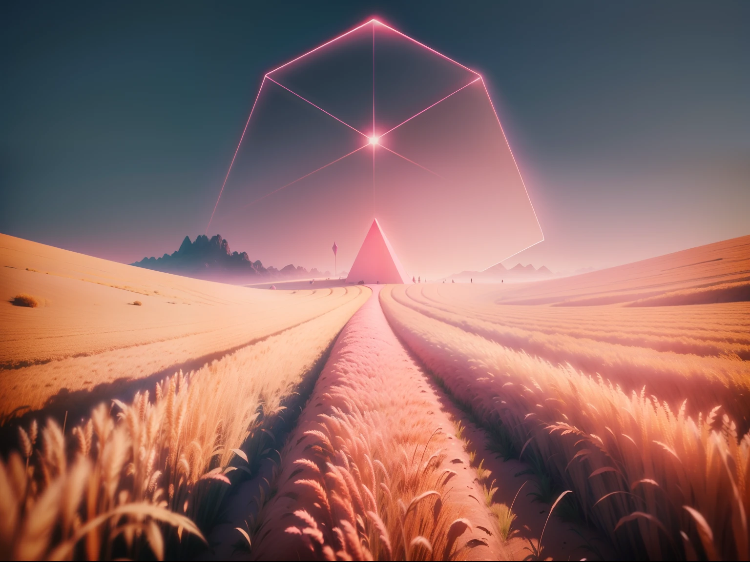 A pink sci-fi surrealist polygon,Set above the wheat field
