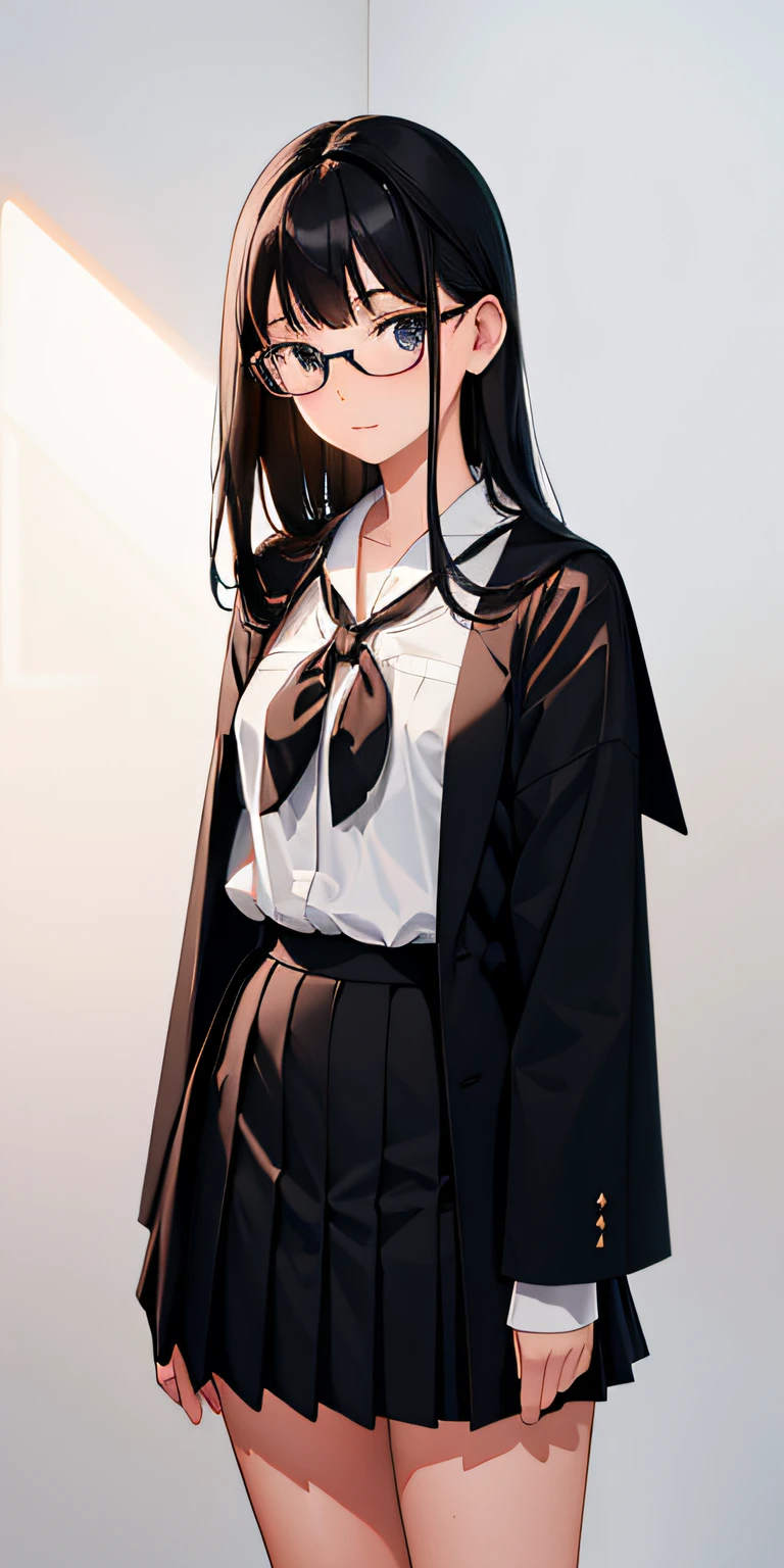 masterpiece, detailed, softlighting, girl with black hair, japanese schoolgirl uniform, glasses, shy, standing straight, facing forward, white background