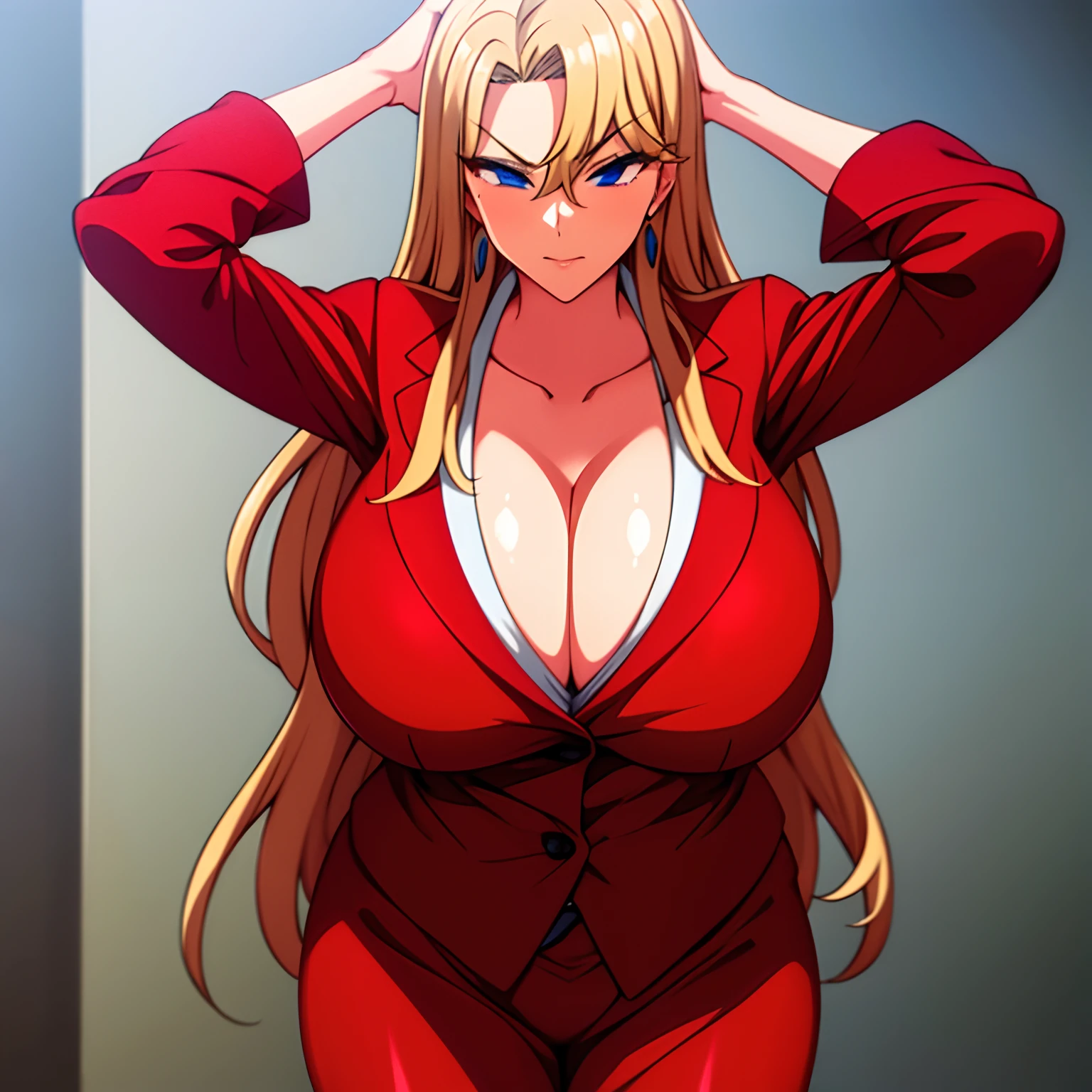 masterpiece, best quality, 1girl, solo, milf, gigantic breasts,blonde hair, arm behind, red jacket, reika kurashiki, blonde hair, blue eyes,