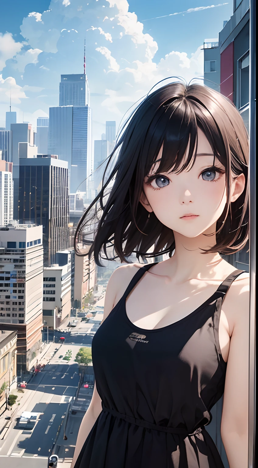 （Close-up of the painting style，8k ultra high definition，Masterpiece grade vista CG wallpaper）美丽细致的眼睛，cute girly，Perfect slim body，shift dresses，Pure eyes，The skin is smooth like a baby，Stand on the flyover，Look down at the earth，Background sky blank clouds，Buildings，the street。