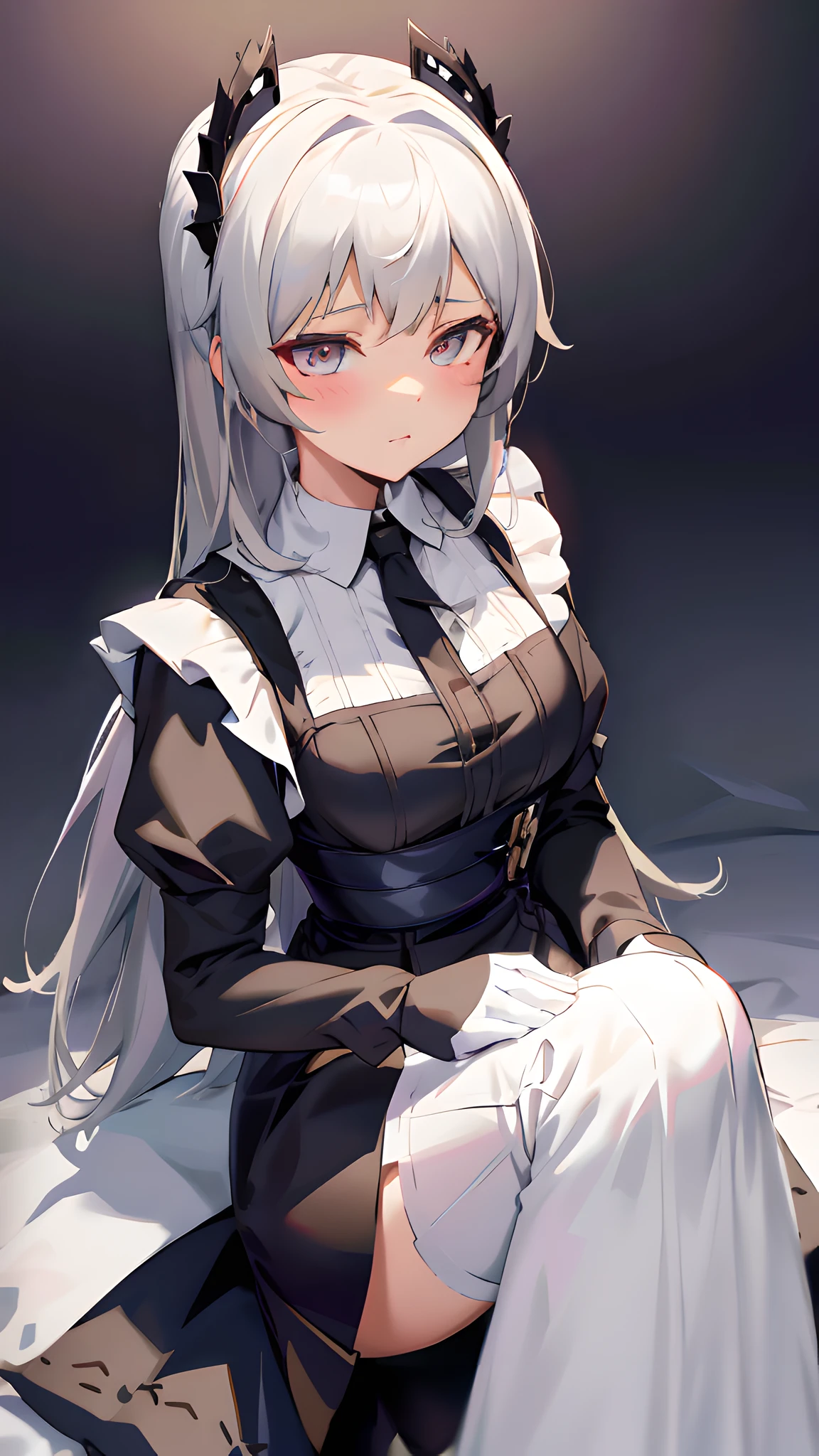 Anime girl with white hair and black dress sitting on bed, Maid outfit, anime girl in a maid costume, from girls frontline, loli in dress, anime moe art style, gorgeous maid, anime cat girl in a maid costume, anime maid ss military, Maid dress, cute anime waifu in a nice dress, Kantai collection style