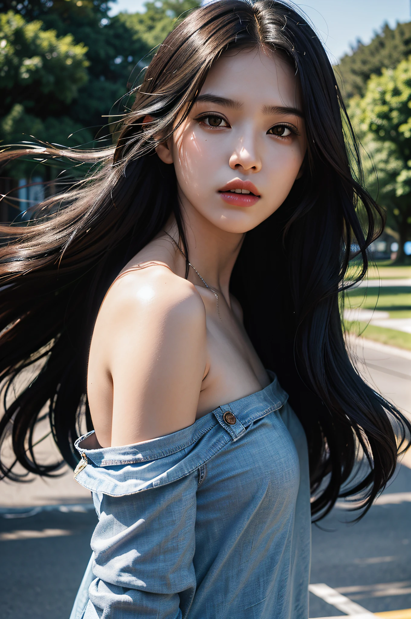 bestquality, masterpiece, ultra-high resolution, RAW photo, beautiful and beautiful,Deep Shadows, dark theme,(photorealistic portrait:1.4),
(1girls, long-haired, (wind blown hair, Black hair with smooth hair), Printed shirt, small face, off shoulders), Slim body, fit, cowboyshot, Girl-Girl, Renhang, 
outdoor,
