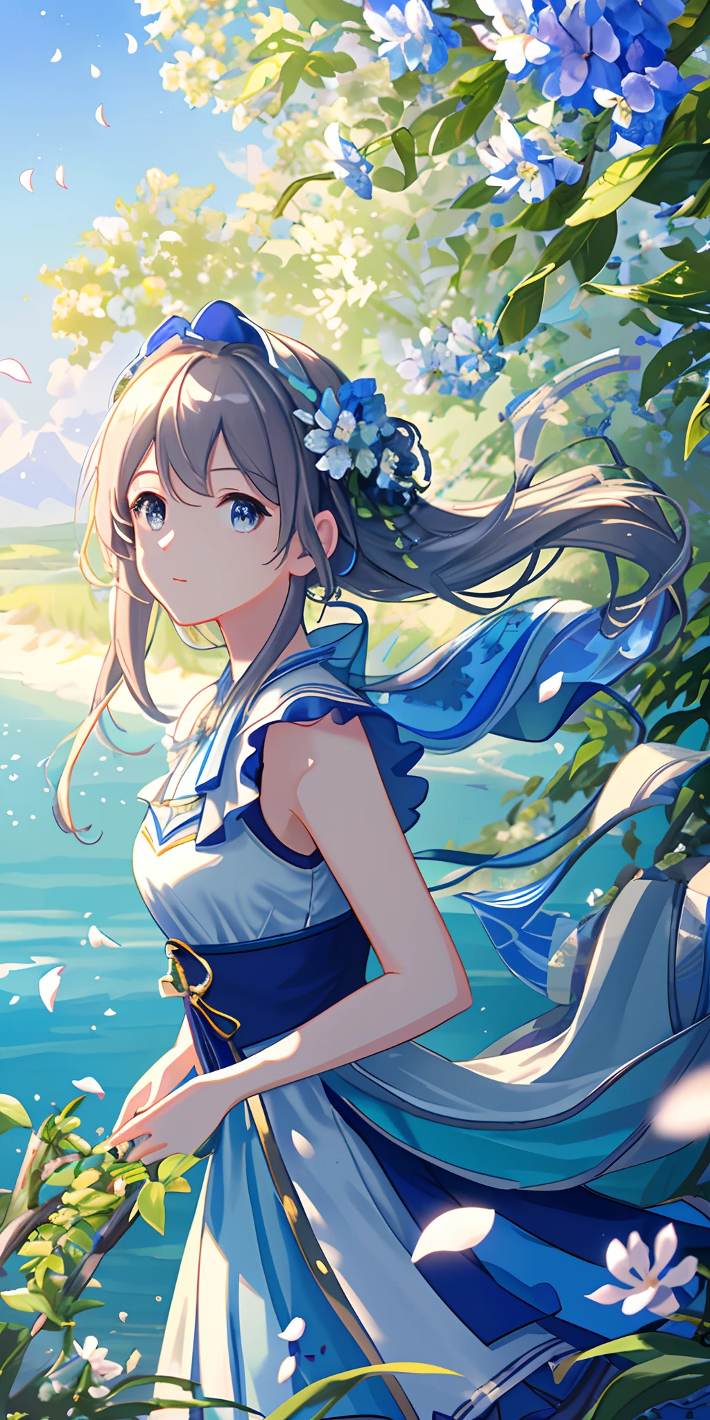 Masterpiece, best quality, (very detailed CG unity 8k wallpaper) (best quality), (best illustration), (best shadows) Nature', blue sea,delicate leaves petals of various colors falling in the air light Tracking, super detailed --v6