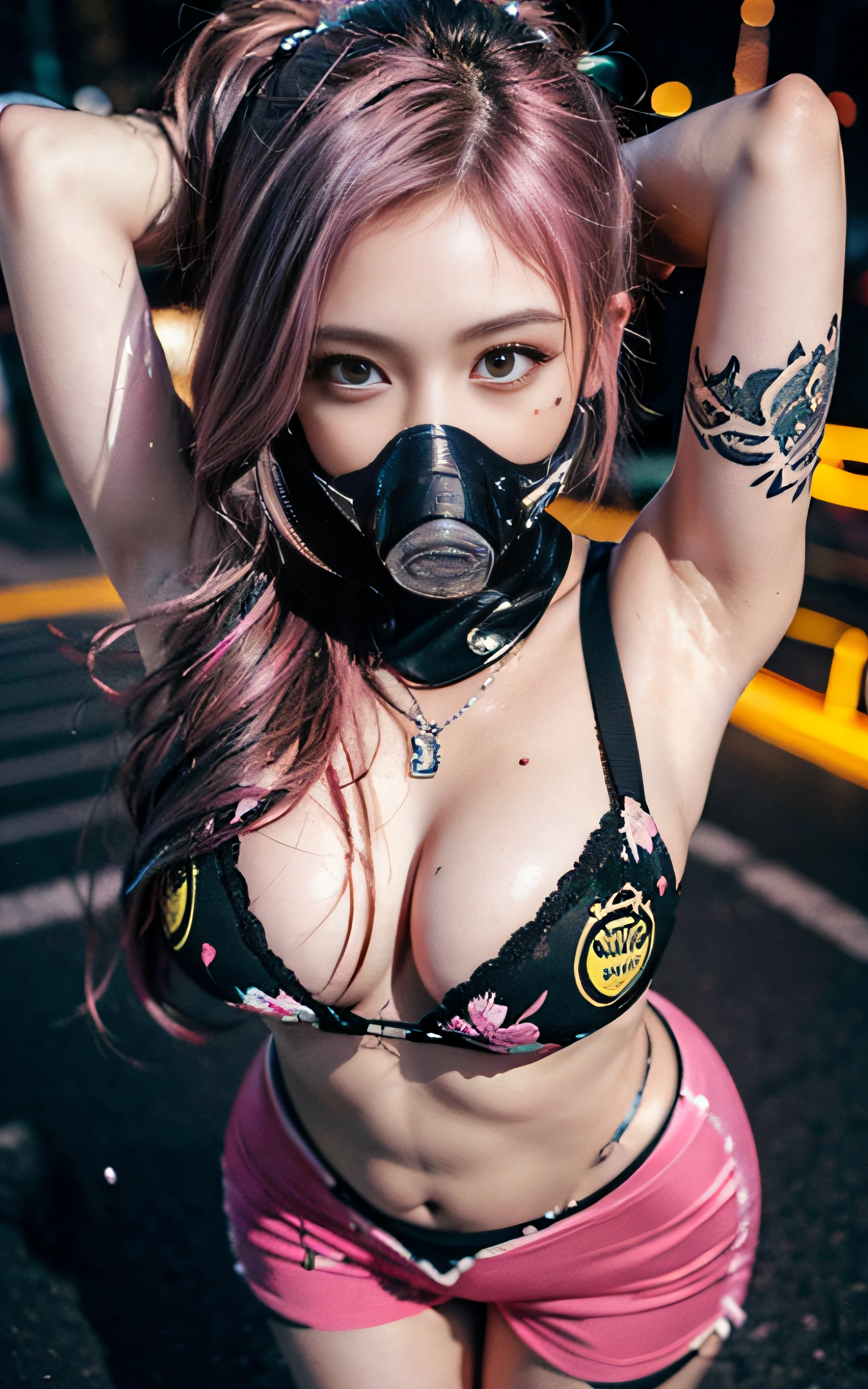 ((1girl in)),Girl in fancy streetwear, neotokyo, Centered| Convoluted| Highly detailed| Breathtaking beauty| precise lineart| Vibrant| comprehensive cinematic| Carne Griffiths| Conrad Roset, 8K, Cinematic lighting, rainy, Best Quality, hight resolution, blue open sky, (the most beautiful portrait in the world:1.5),(The tattoo),((Random Poses)),((Fancy hair color)),((smirk grin)),(A sexy),((luslous skin)),Angle from above,Big piercings,full body Esbian,(gas masks)