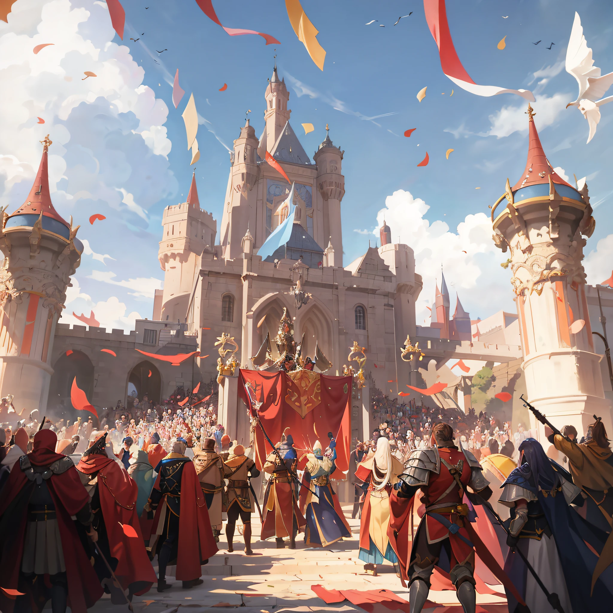 Close-up of a group of people standing in front of the castle,Coronation Ceremony Riot Game Concept Art, arte conceitual medieval, Rosla global lighting, author:yanjun cheng, medieval fantasy game art, silvain sarrailh, fantasy concept art, ross tran. scenery background, colorful concept art, League of Legends concept art, Medieval fantasy art, epic fantasty card game art