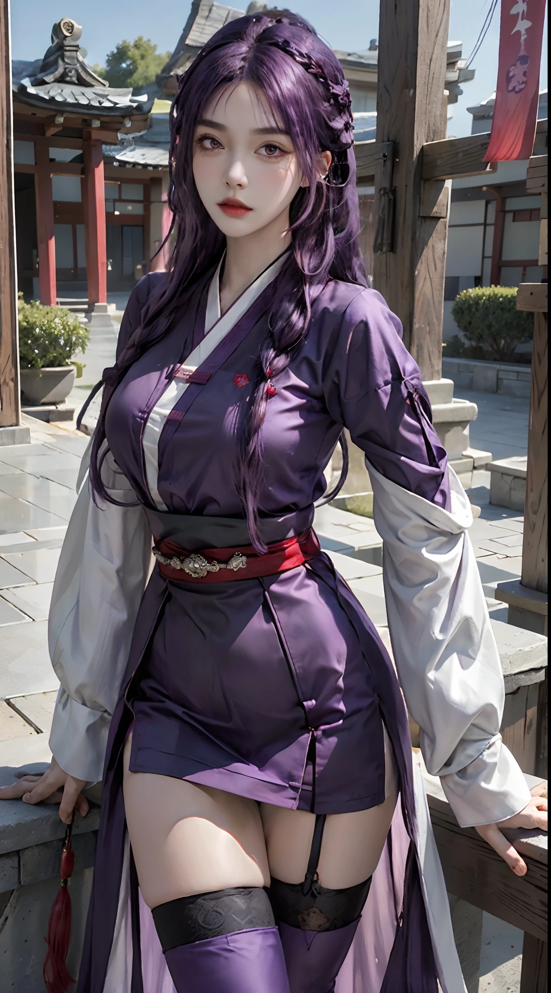 photorealistic, high resolution, 1women, solo, hips up, look at viewer, (detailed face), (blunt bangs, braid, wide sleeves, hair ornament, japanese clothes, red obi, (purple hair:1.2), very long hair, straight hair,black thighhighs, smooth