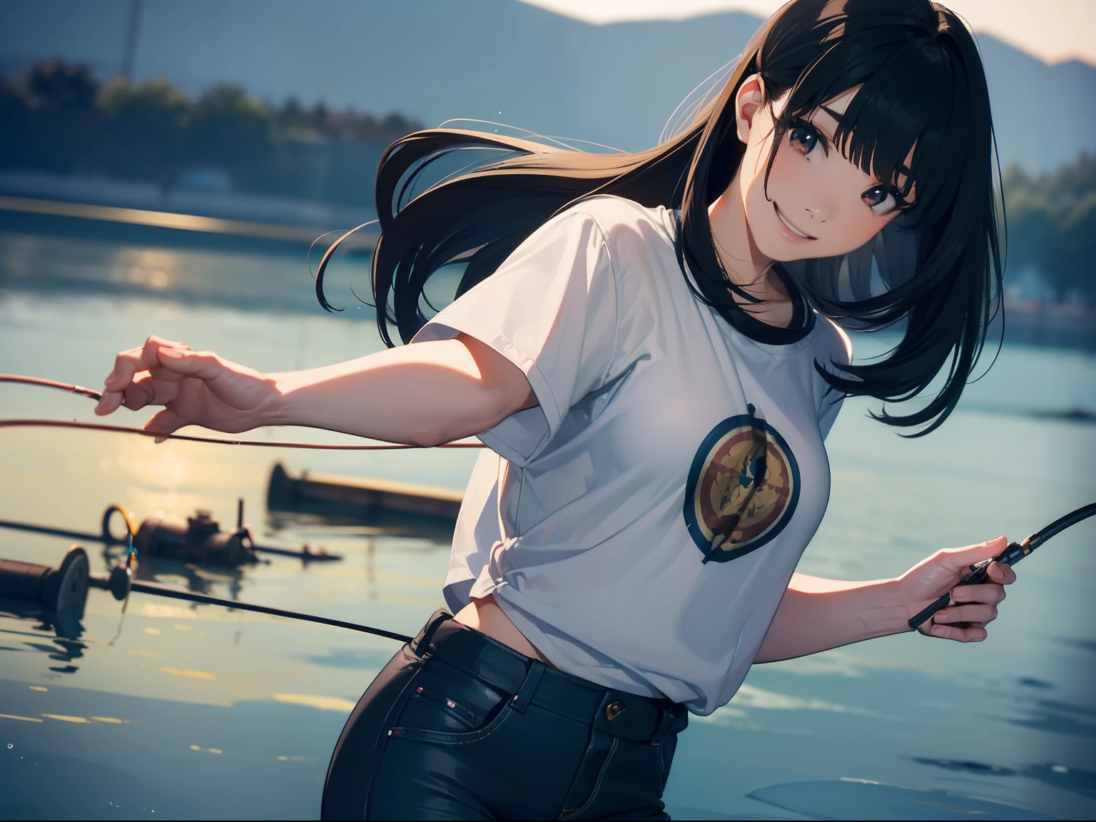 (((casting a lure with a fishing rod))) (((stand by the lakeside:1.1))),((Best quality, Masterpiece :1.3)),(1 japanese mature female),large mouth bass,black hair, longeyelashes, solid circle eyes, light smile, drop shadow, atmospheric perspective, 8k, super detail, ccurate, best quality, small breasts,black jacket, Black T-shirt ,navy blue jeans,