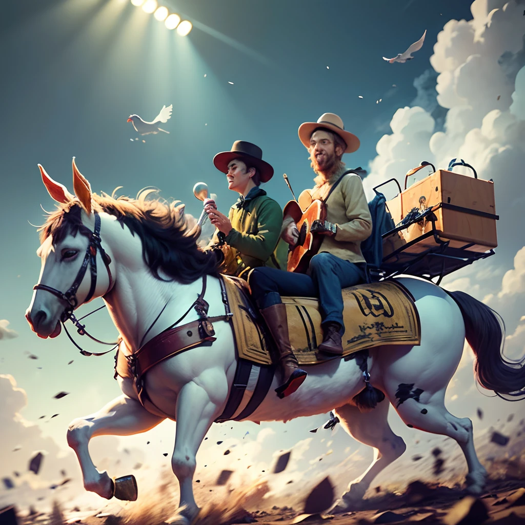 1400 years. German fairy tale. Cheerful funny Bremen musicians (donkey, cat, dog, rooster and a young guy), in hats and pop old costumes, play musical instruments, the stage is a big cart, Close-up, super photorealistic, cinematic, dynamic, cartoon style. --auto --s2