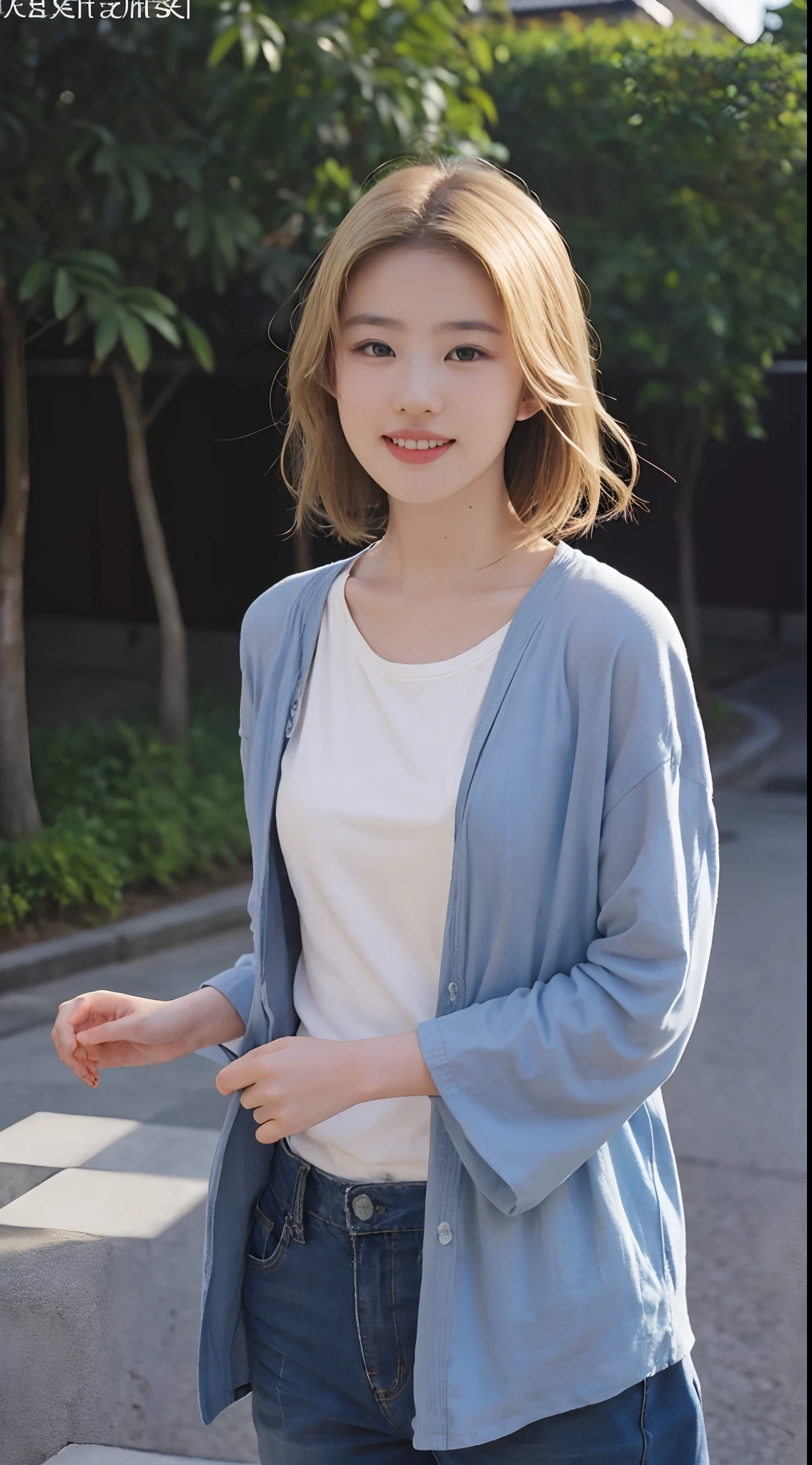best qualtiy, tmasterpiece, 超高分辨率, (realisticlying:1.4), RAW photogr, 1girl, beautiful japanese woman, Beautiful skins, blond hairbl:1.7, gakki, ((short detailed hair:1.5)), 16 years old Happy laughter:1.2, ssmile
