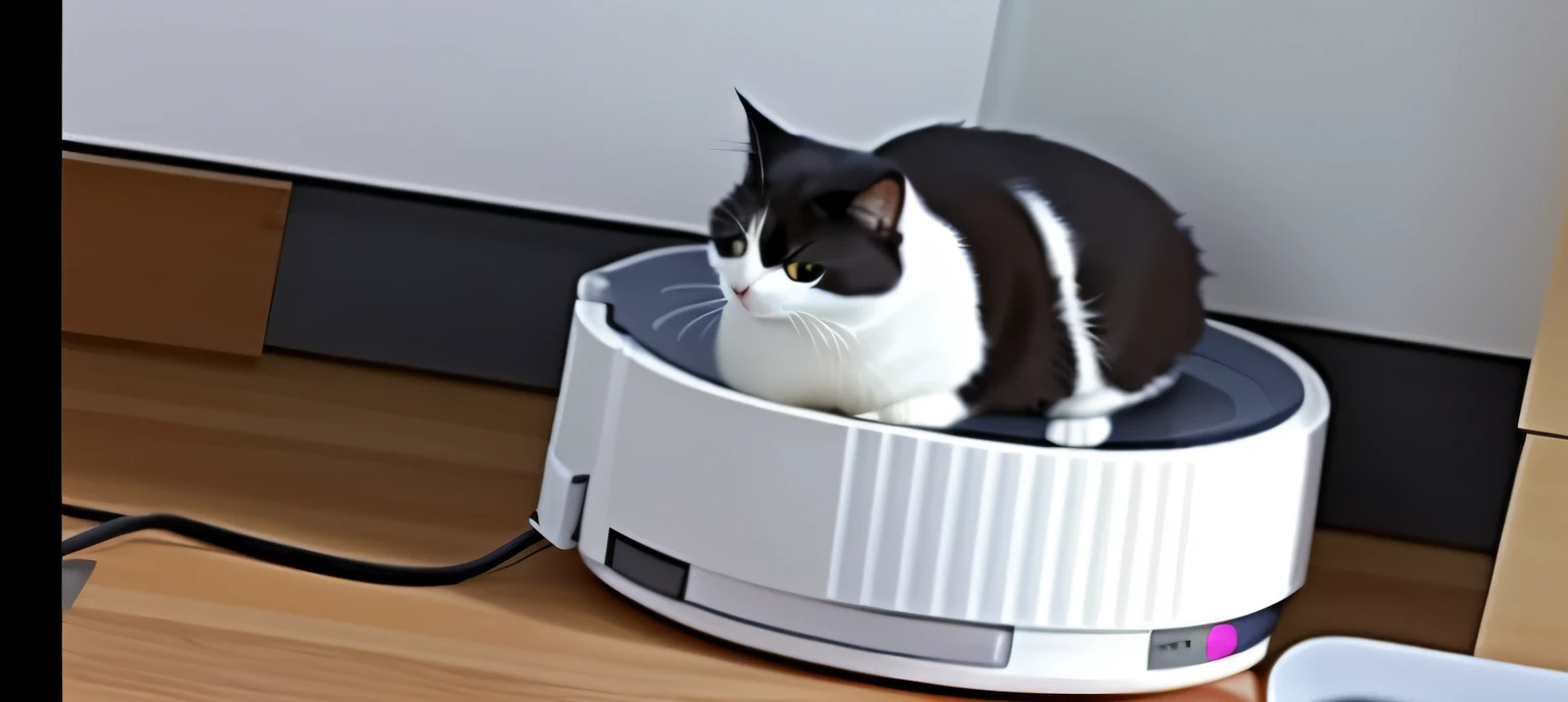 there is a cat that is sitting in a bowl on the floor, there is full bedpan next to him, niko oneshot riding a roomba, Fat cat, robotic cat, Fully robotic!! cat, cat summoning a spaceship, Very handsome, A handsome, cat summoning a spaceship, chonker cat, cat robot, cat eating, fat cat on desk