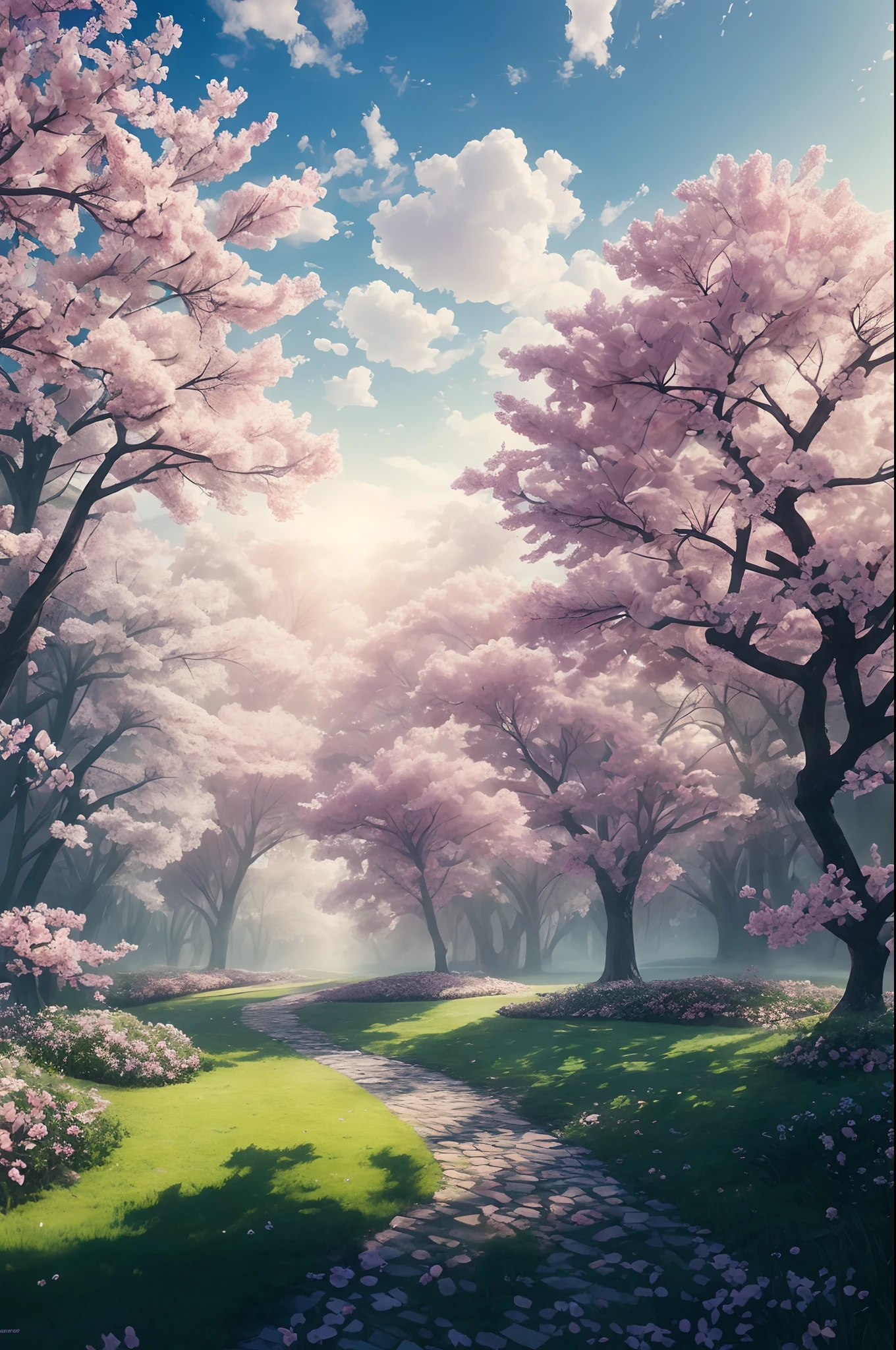 Lots of pink trees, large skies, white clouds , petals , dreamy look, blossoms, aesthetic serene bliss, diffused light, god rays, chromatic aberration, caustics, high light scattering,masterpiece, best quality, high quality, extremely detailed CG unity 8k wallpaper, flowering landscape, Bokeh, Depth of Field, HDR, bloom, Chromatic Aberration ,Photorealistic,extremely detailed, trending on artstation, trending on CGsociety, Intricate, High Detail, dramatic, art by midjourney
