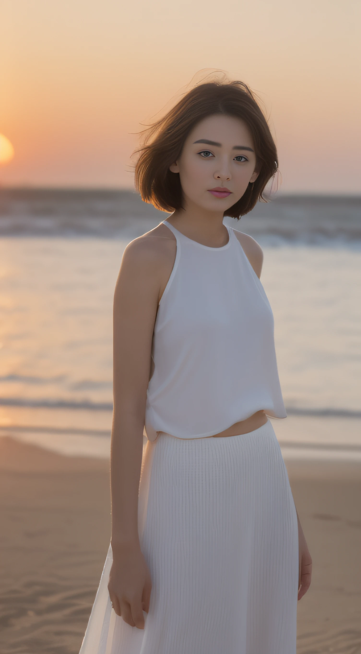 ((best qualtiy, 8k, tmasterpiece:1.3)), Focus:1.2, perfect figure beautiful woman:1.4,  long  skirt，Pure and highly detailed facial and skin texture, A detailed eye, Gentle eyes，二重まぶた，Whiten skin，Short hair shoulder-length，Scene sunset