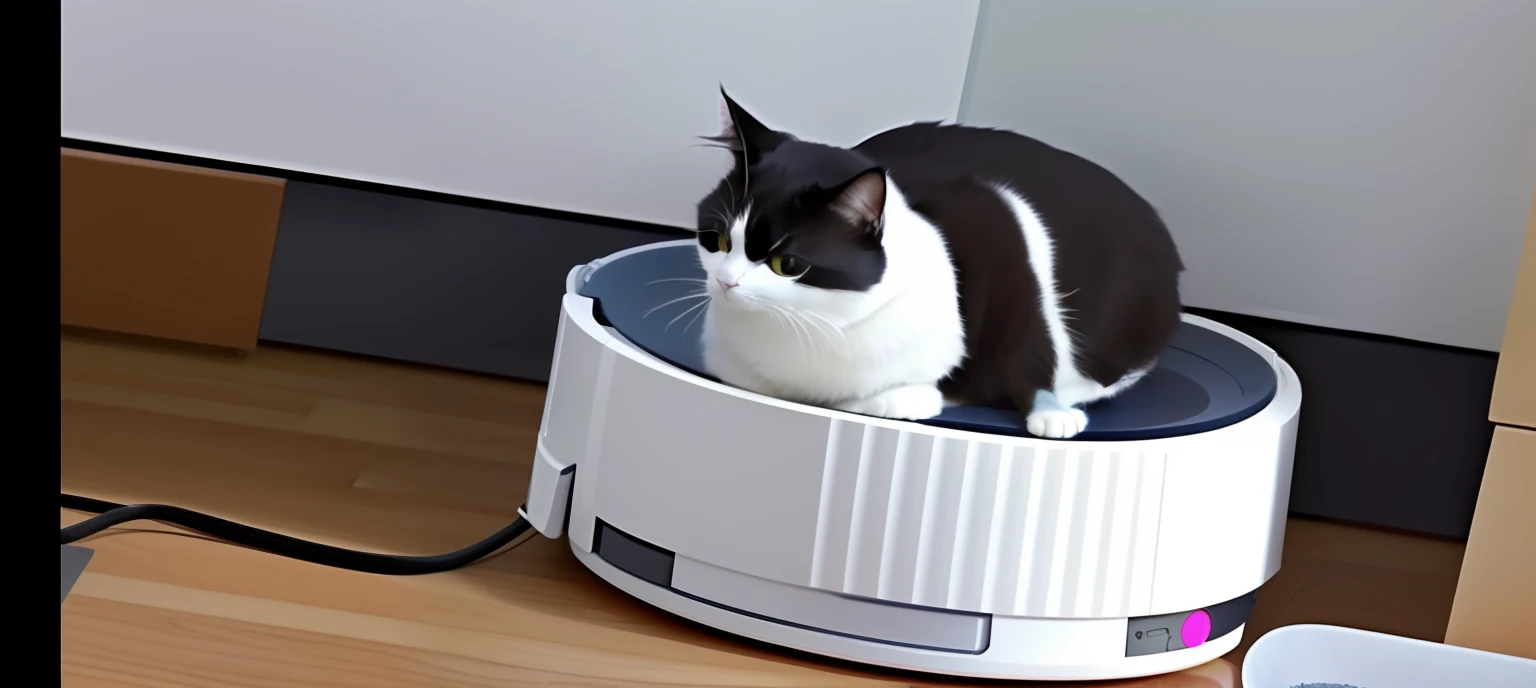there is a cat that is sitting in a bowl on the floor, there is full bedpan next to him, niko oneshot riding a roomba, Fat cat, robotic cat, Fully robotic!! cat, cat summoning a spaceship, Very handsome, A handsome, cat summoning a spaceship, chonker cat, cat robot, cat eating, fat cat on desk