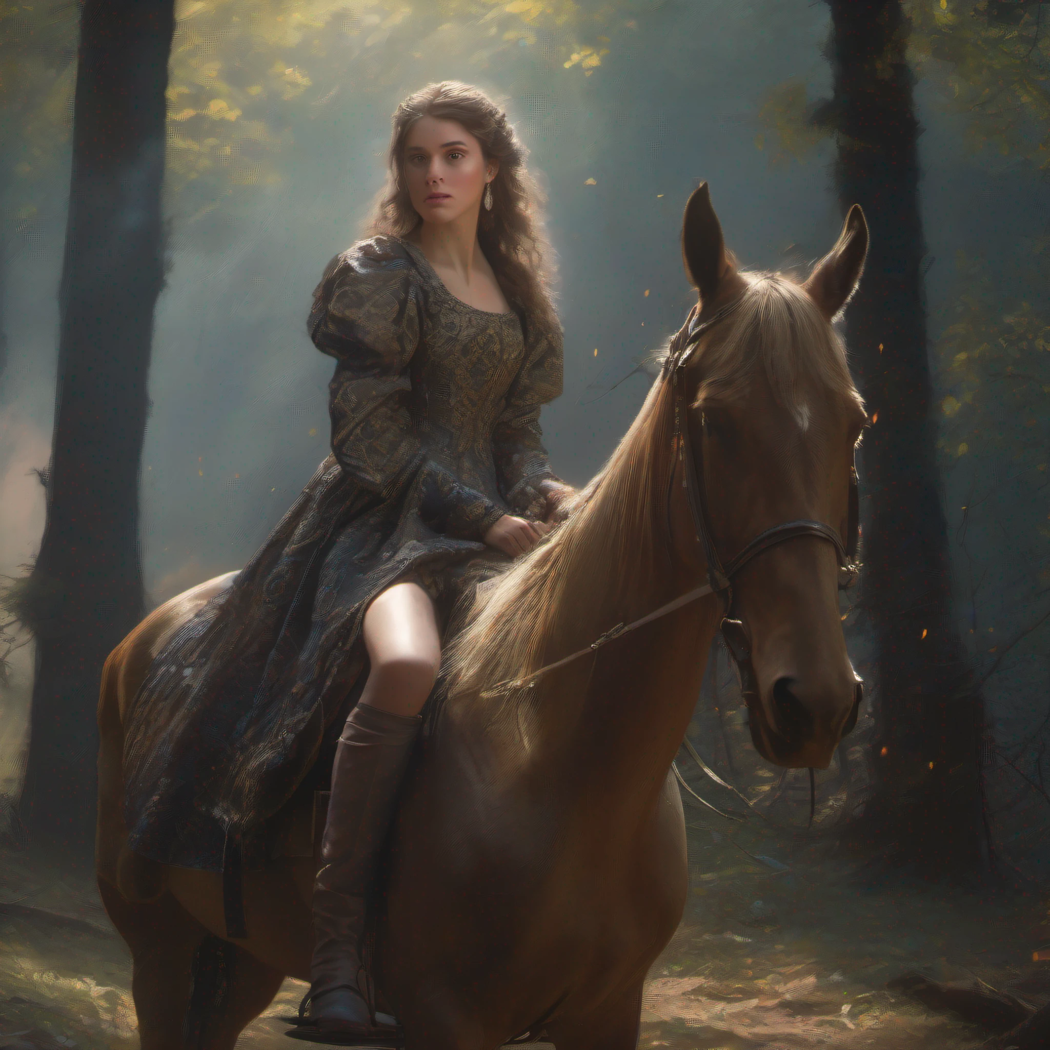 Portrait of a girl in a medieval dress, sitting on a horse in the woods,Sunlight, dramatic sky, sharp-focus, LEDs, Smoke, artillery, sparks, rack, System Unit, motherboard, Pascal Blanche Rutkowski Repin ArtStation Hyperrealism Painting Concept Art Detailed Character Design Matte Painting, Blade Runner in 4K resolution