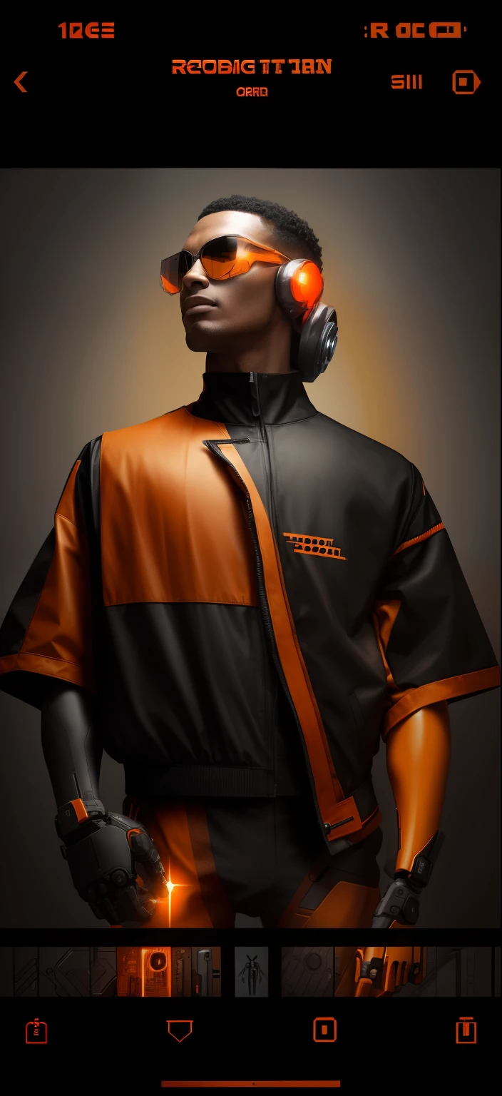 1cyborg man with robotic arms,orange and black jacket,minimalist
