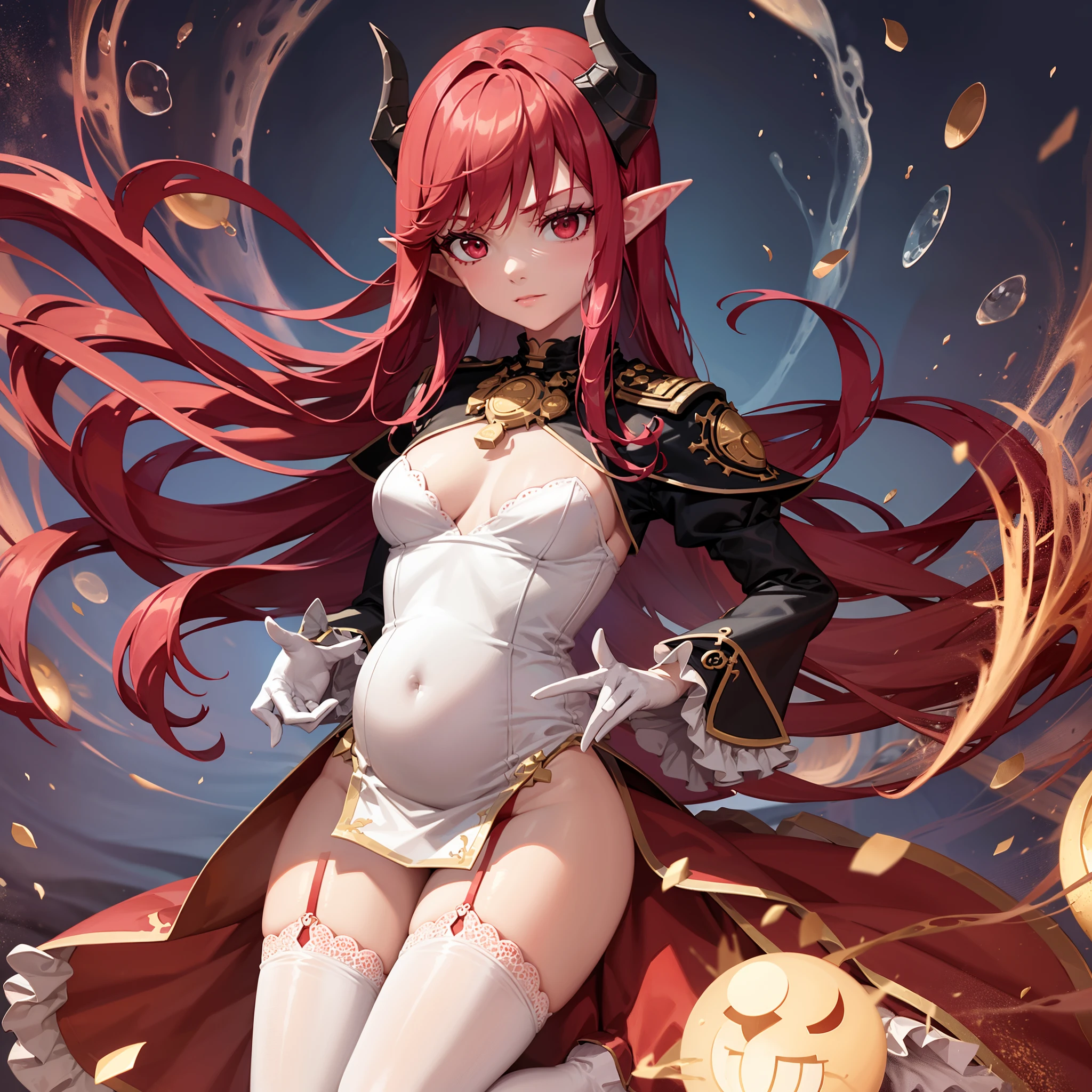 1girll,high resolution, Incredible quality,Best quality,Ultra-detailed,Highly detailed,Masterpiece,illustration,
Mature female,adult girl,Cute,She is evil but cute,Beautiful girl,
Beautiful face,Perfect body,Slim waistline,High detail skin,Natural skin texture,Beautiful detail face,Detailed face,Real skin texture,Cute and delicate face,Delicate face,Perfect face,Golden ratio,Golden ratio face
Expressionless eyes,Red_Eyes,Long_Hair,White_Hair,hair between eye,Detailed Evil Eye,
Evil smile,their_Horns,
maid_Costume,maid_uniform,maid_dress,black lence stockings,kneesocks,Sexy lingerie,demon,demon_Girl,demon_Wings,Succubus,High heels,pregnant,Pregnant belly,Big belly, Solo,tingyun\(Character\),life,Yao