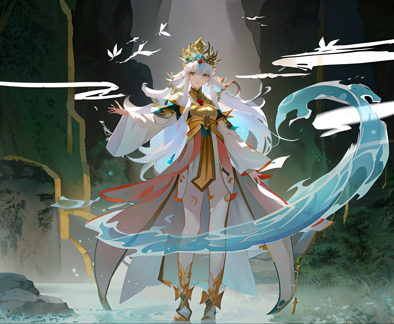 There was a woman in a dress standing on the water, white-haired god, goddess of nature, An elf queen, Onmyoji detailed art, queen of the sea mu yanling, goddess of wisdom, Keqing from Genshin Impact, fey queen of the summer forest, Inspired by Ai Xuan, fairy queen, ((a beautiful fantasy empress)),The background is a mountain forest,Far away mountain hollows