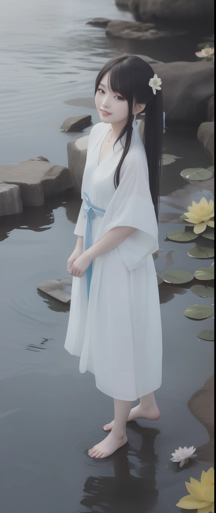((4k,masterpiece,best quality)), shuimobysim, traditional chinese ink painting, lotus, hanfu, maxiskit, dress conservatively 1girl, solo, long blue hair, smile, standing, feet in the water, barefoot,
