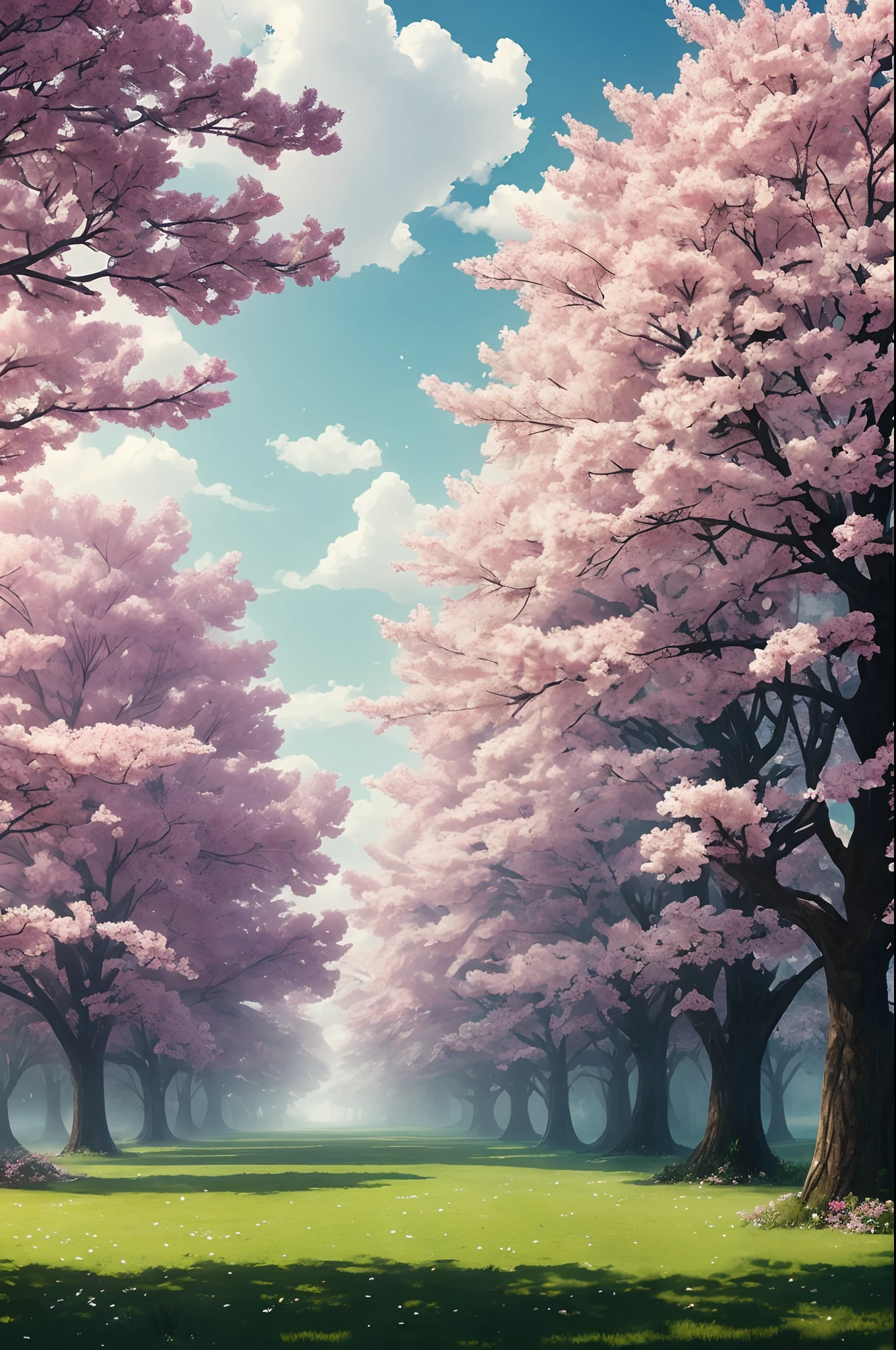 Lots of pink trees, large skies, white clouds , petals , dreamy look, blossoms, aesthetic serene bliss, diffused light, god rays, chromatic aberration, caustics, high light scattering,masterpiece, best quality, high quality, extremely detailed CG unity 8k wallpaper, flowering landscape, Bokeh, Depth of Field, HDR, bloom, Chromatic Aberration ,Photorealistic,extremely detailed, trending on artstation, trending on CGsociety, Intricate, High Detail, dramatic, art by midjourney