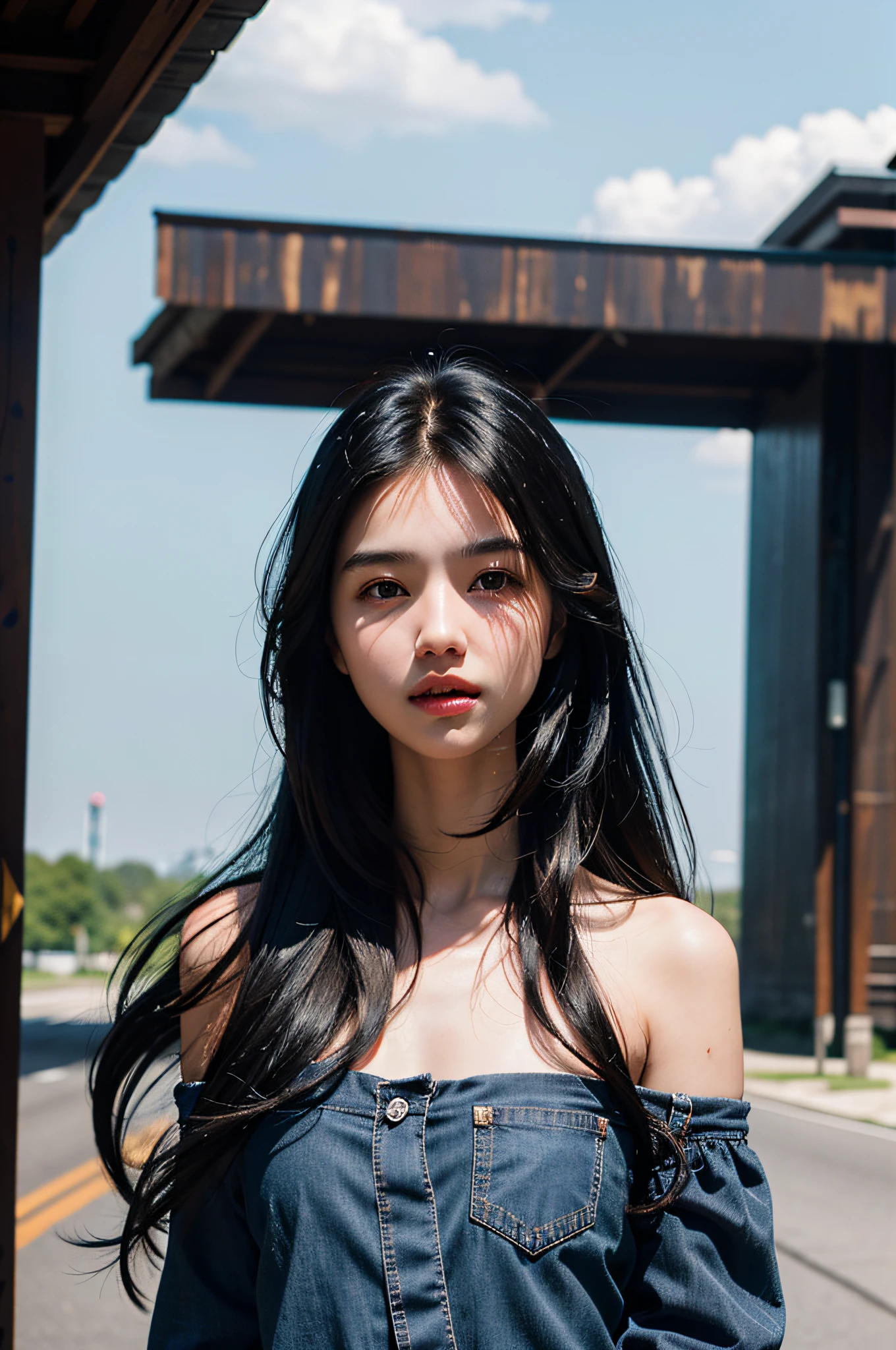 bestquality, masterpiece, ultra-high resolution, RAW photo, beautiful and beautiful,Deep Shadows, dark theme,(photorealistic portrait:1.4),
(1girls, long-haired, (wind blown hair, Black hair with smooth hair), Printed shirt, small face, off shoulders), Slim body, fit, cowboyshot, Girl-Girl, Renhang,
outdoor,