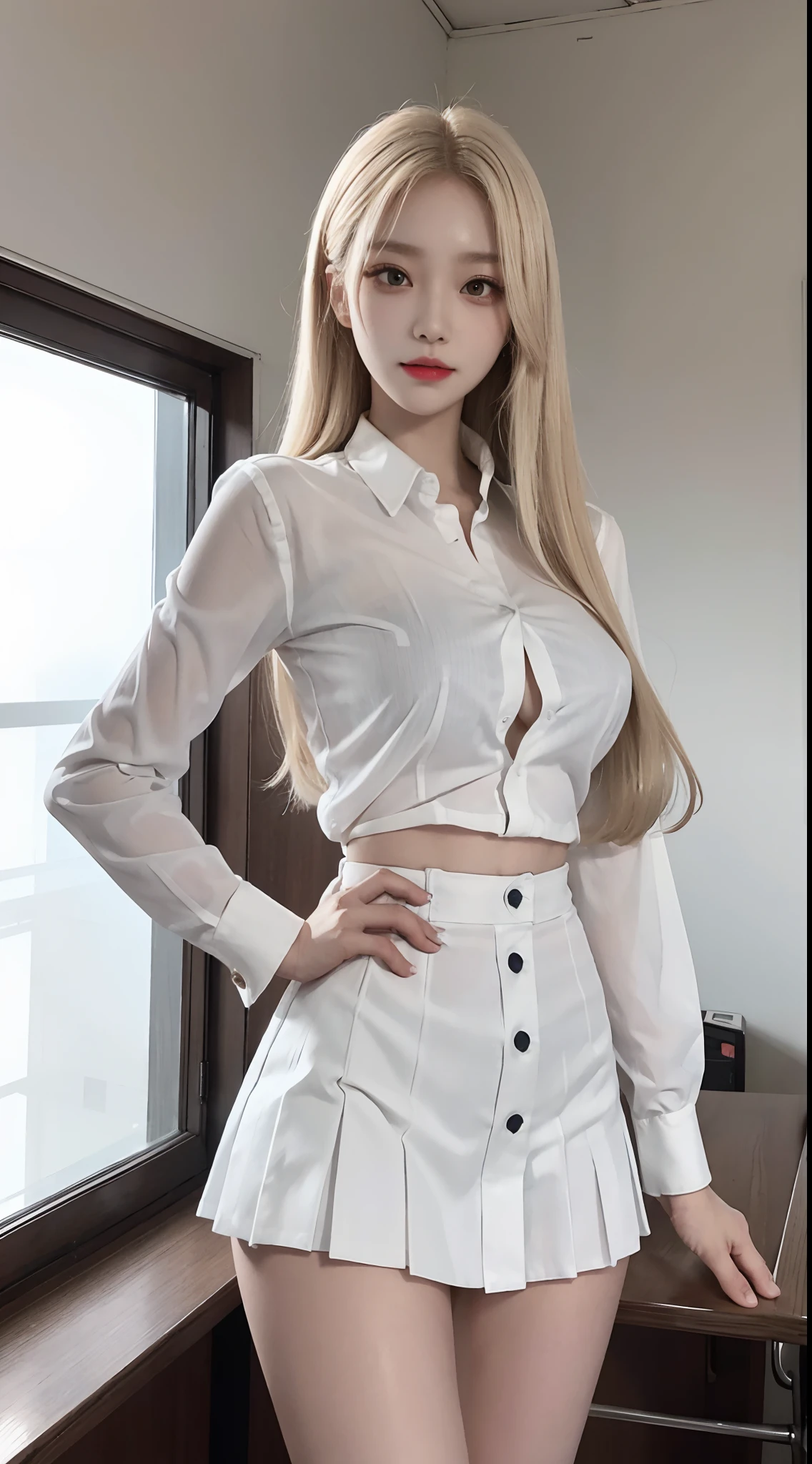 Korean school uniform,White transparent button-up shirt,JK uniform miniskirt,School Classroom,school stairs,Chest thrust pose,8K Ultra HD original photos,A high resolution,-yeld So Korean,very large round breasts,,beautiful eyes in detail,long eyelasher,beautiful double eyelid,eye shadows,eyes liner,Elongated eyes,Elongated eye shape,Sanpaku eyes,evilsmile,Evil expression,Beautiful and very thin legs, Beautiful and very thin thighs,Random long hair,Hair tied behind the head,耳Nipple Ring,Bright blonde hair,sexyposture