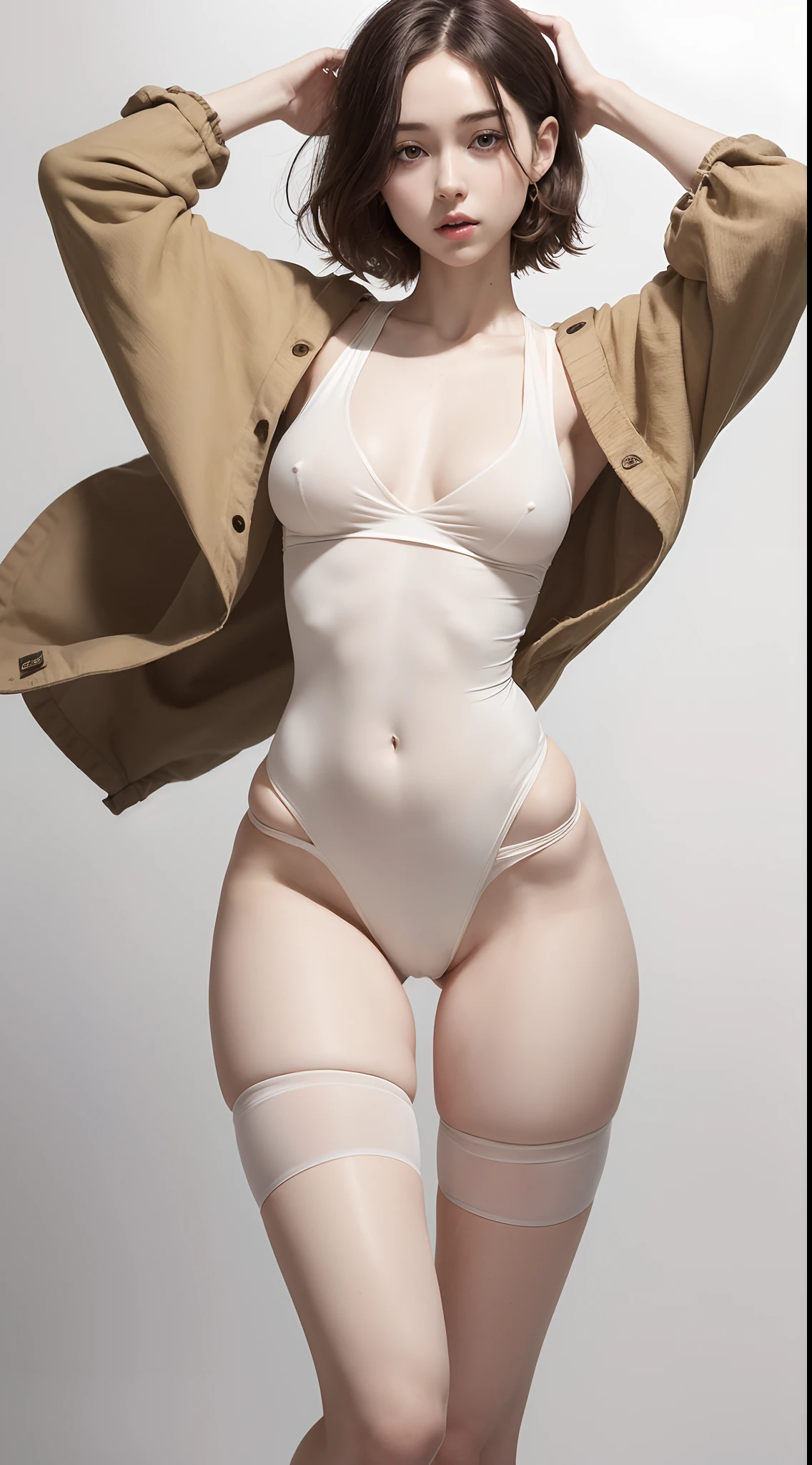 raw photo, photorealistic, dynamic pose, portrait, 1girl, pale skin, short wavy hair, ((ancient baggy clothes)), (wide thigh gap:1.2, wide thighs:1.3), white background, masterpiece