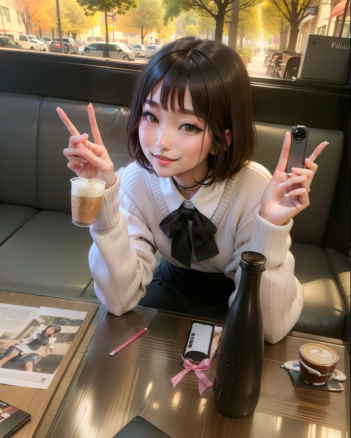 8k uhd, dslr,film grain, Fujifilm XT3,(best quality:1.3), (masterpiece:1.1), high resolution, cinematic light, intricate details, (photorealistic),outside,beautiful outside,sunny,
korean girl,(in cafe:1.5) , dimples, bobcut, looking at viewer, detailed trees, ribbons, bowties, bare shoulders, ribbed sweater,
pencil skirt, high-waist skirt, head rest, sitting, indoors,
necklace,black pantyhose, sheet transportation sweater, (smile),(full body:1.6),slender,