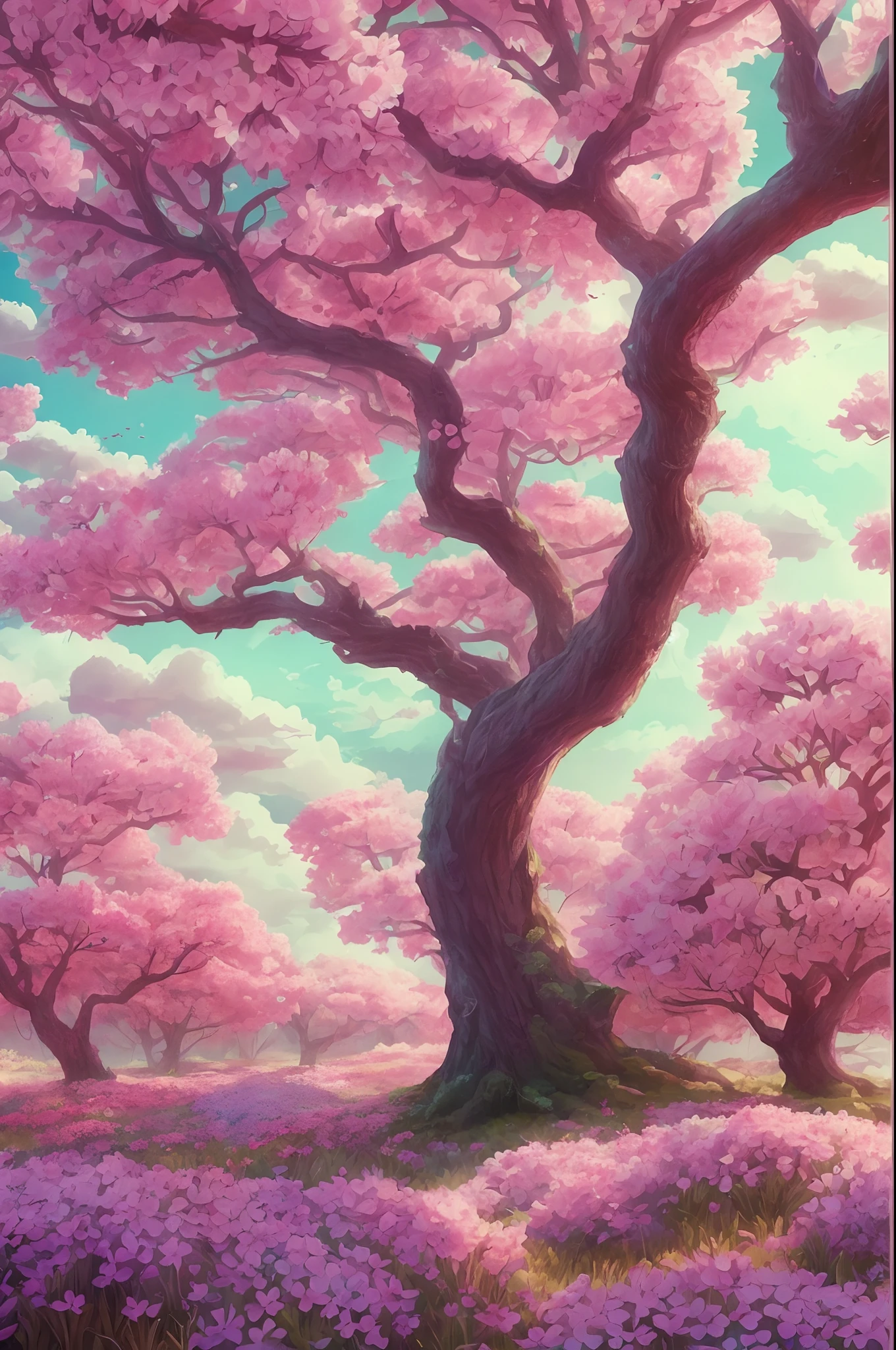 Lots of pink trees, large skies, white clouds , petals , blossoms, aesthetic serene bliss, diffused light, god rays, chromatic aberration, caustics, high light scattering,masterpiece, best quality, high quality, extremely detailed CG unity 8k wallpaper, flowering landscape, Bokeh, Depth of Field, HDR, bloom, Chromatic Aberration ,Photorealistic,extremely detailed, trending on artstation, trending on CGsociety, Intricate, High Detail, dramatic, art by midjourney