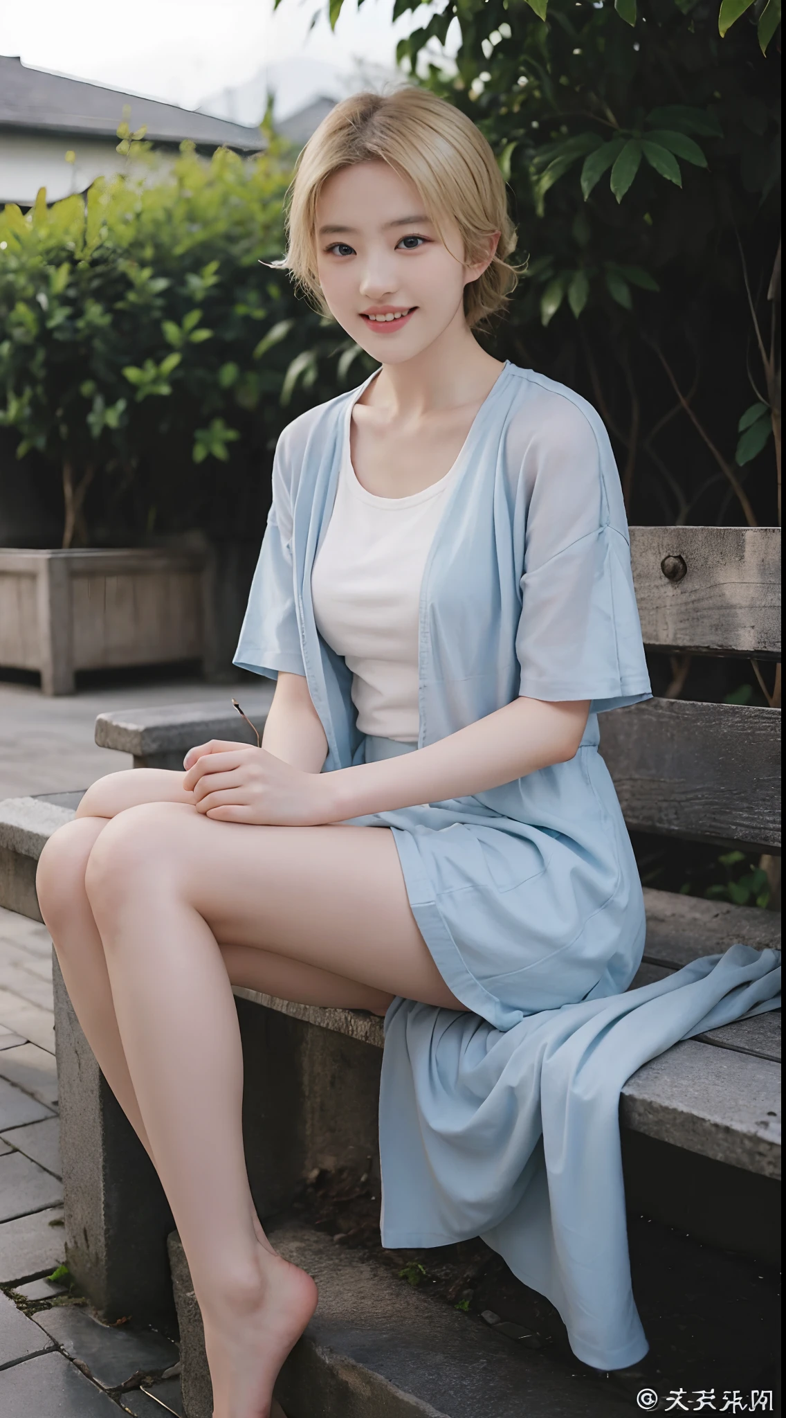 best qualtiy， tmasterpiece， 超高分辨率， （realisticlying：1.4）， RAW photogr， 1girl， beautiful  japanese woman， Beautiful skins， blond hairbl：1.7， gakki， （（short detailed hair：1.5））， 16 years old Happy laughter：1.2， ssmile