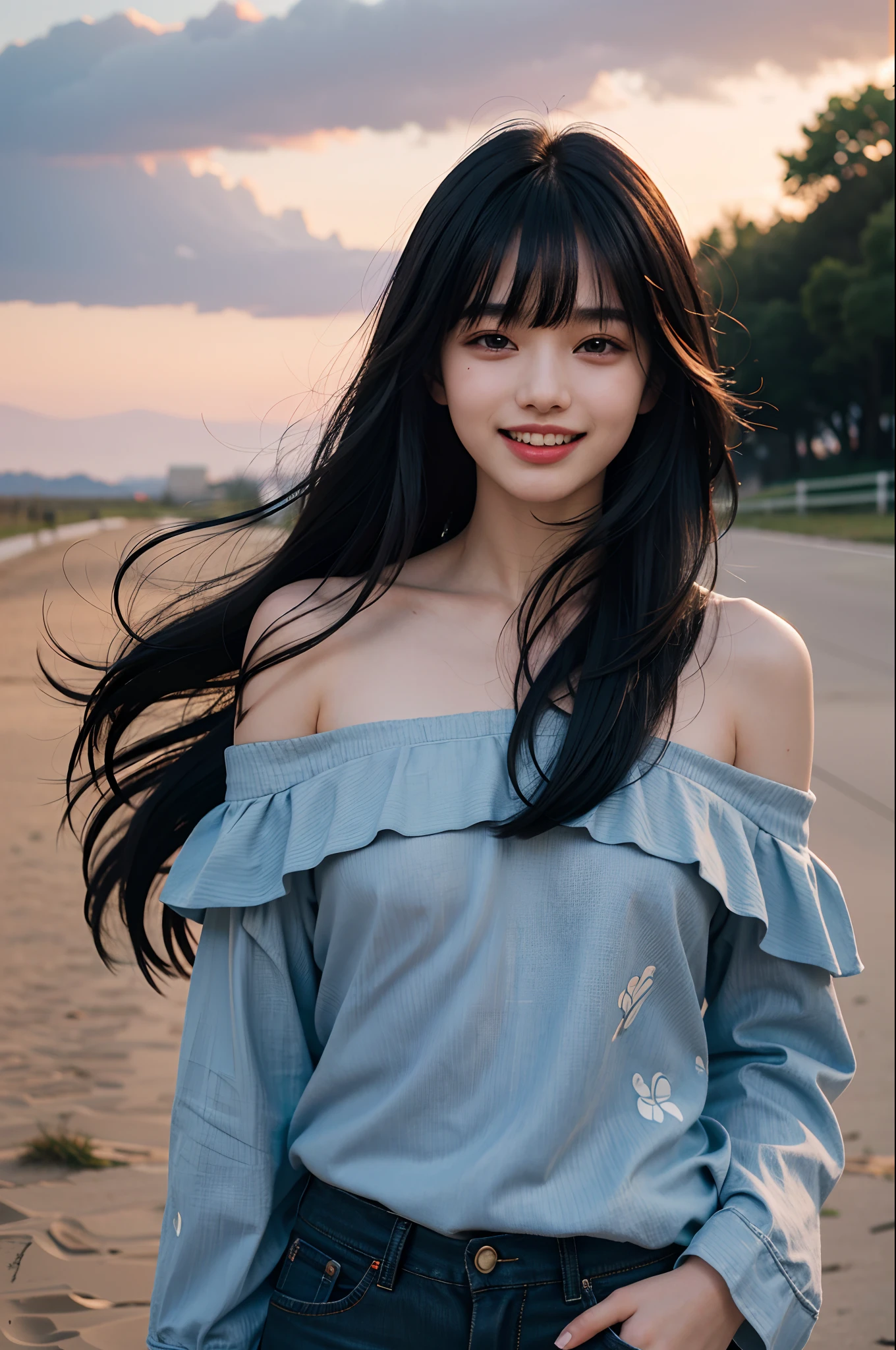 Best quality, masterpiece, ultra high res, raw photo, beautiful and aesthetic,deep shadow, dark theme,(photorealistic:1.4),
(1girl, long hair, laughing, (wind blowing hair, black hair with bangs), print shirt, small face, off shoulders), slim body, fit, cowboyshot, fashi-girl, Renhang, 
outdoors,