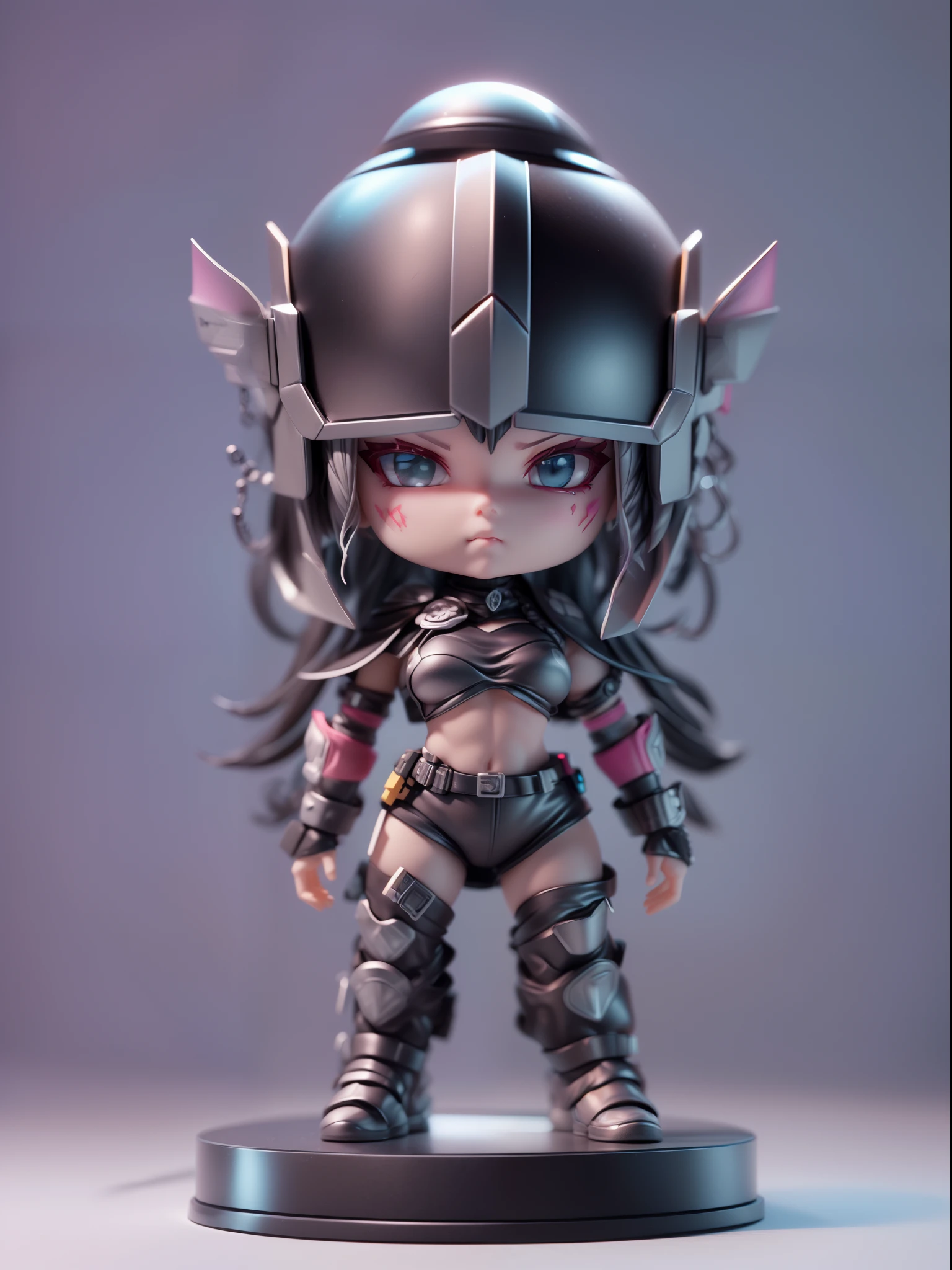 (Blind box toy style:1.2), (Full body shot) , (1 female barbarian)(((solo))) plastic armor,plastic opaque helmet,cyberpunk style, dreamy glow, Clean background,black and silver style,(circular base) ( Global illumination, Ray traching, hdr, unreal render,reasonable design, high detal, Masterpiece, Best quality, hyper HD, Cinematic lighting)