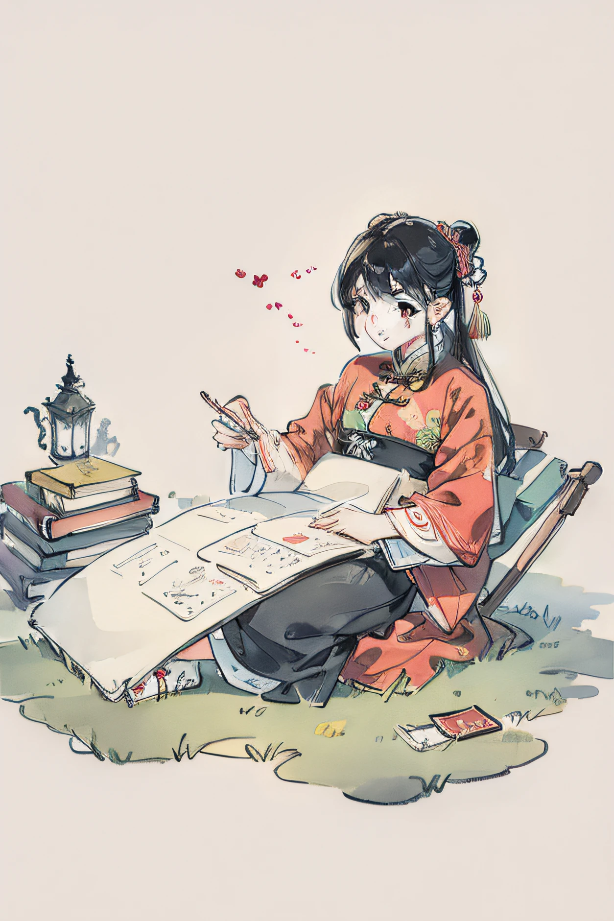 ink and watercolor painting,Chinese tradition,Read books