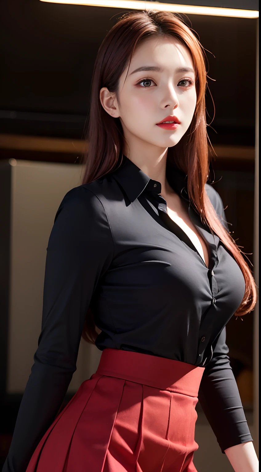 Bishōjo college student, master masterpiece,, light make up, redlips, red tinted hair, long messy hair, pure background, beautiful, elegant. Ultra fine details, master masterpiece, realistic Textures, cinematic lighting realism, perfect atwork, 8k, heon-defined, Exquisite Facial Features, black shirt, black buttocks skirt, and exquisite curves