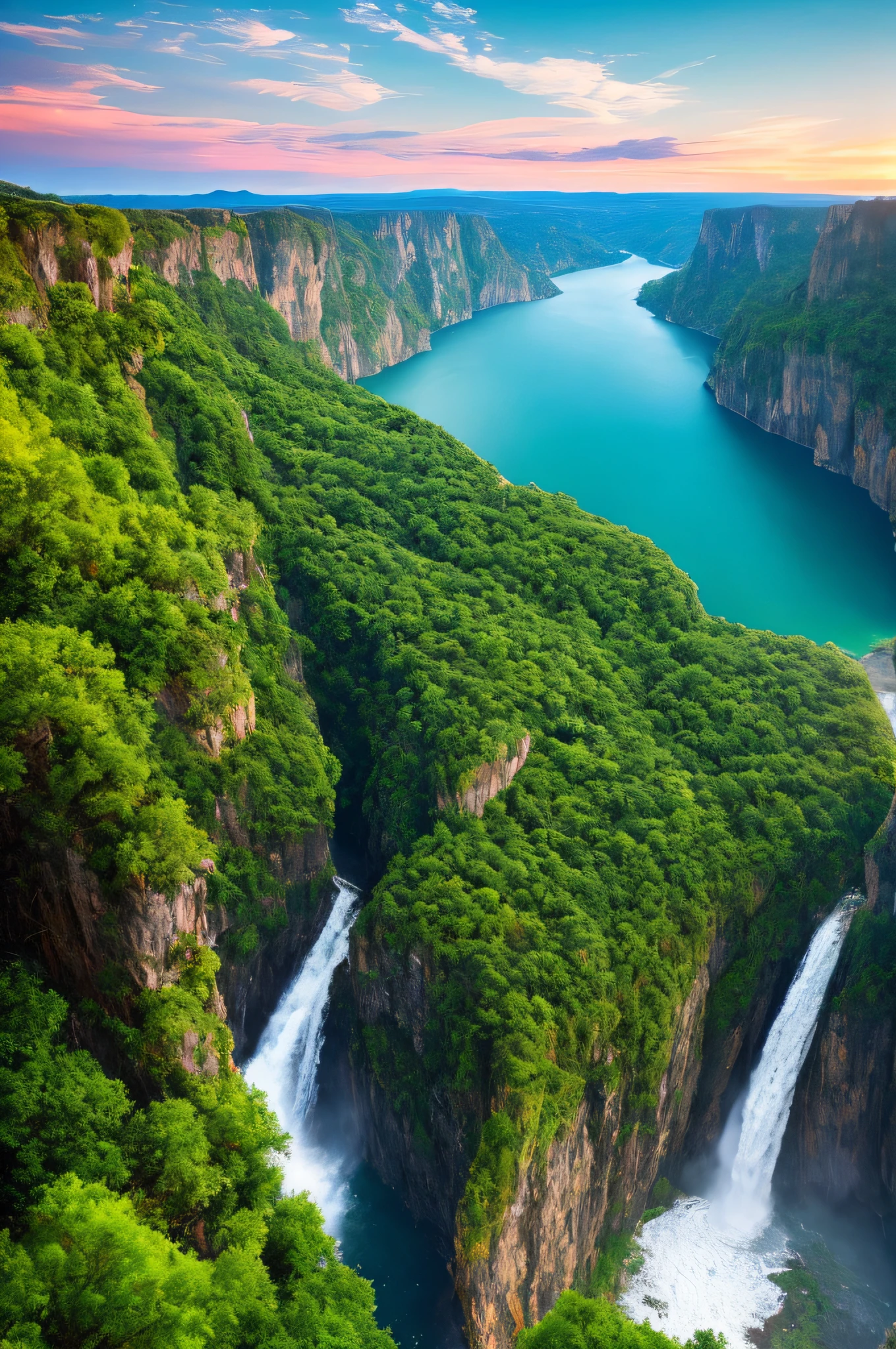 Masterpiece, ultimate quality, Cg unity 8k wallpaper, super delicate, beautiful sky and clouds, rich natural scenery, cliffs, lakes and rivers, waterfalls and flying water, beautiful green mountains, no trace of people, excellent scenery, has already won a photo contest, background Blurring, full depth of field, HDR high dynamics, true restoration, intricate, extreme details, dramatic presentation, perfectly presenting the style of midjourney art.
