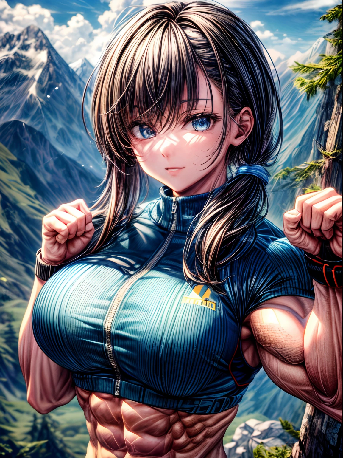(BEST lighting) , (ultra intricately detailed) , 4K unification, (super-detailed CG: 1.2) , (8K: 1.2),(Original), (Masterpiece) , (Best quality),(Masterpiece:1.4),Anime-ish high quality,(Masterpiece),Masterpiece, Best quality, absurderes,((masterpeace, 4K, 8K, Yes, A high resolution))1girll, She was hiking a mountain,Head to a mountain resort, hiking clothes, Spring, Boots, Perfect figure, Short blue asymmetric hair, Sweat, Dynamic pose, ((body builder:1.5)),Temple background,(Beautiful bace),(Girl),(Female),(((Upper body:1)))
