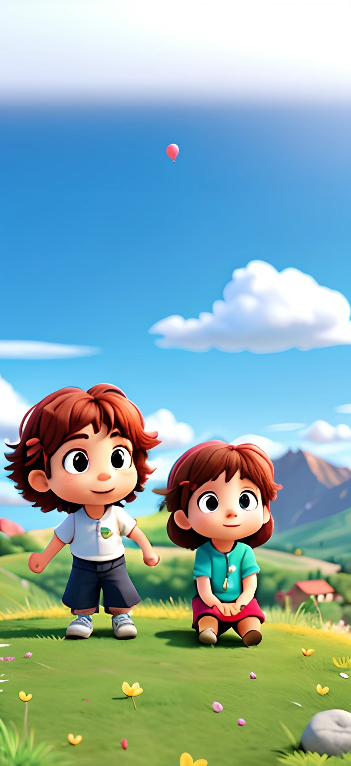 /imagine prompt:  Two children are sitting on the mountain, running, holding hands, colorful balloons in the sunny sky, sunny days, spring days, children playing, amazing color photos, in the White Cloud Wonderland, real details, 3D characters, C4D, rendering,