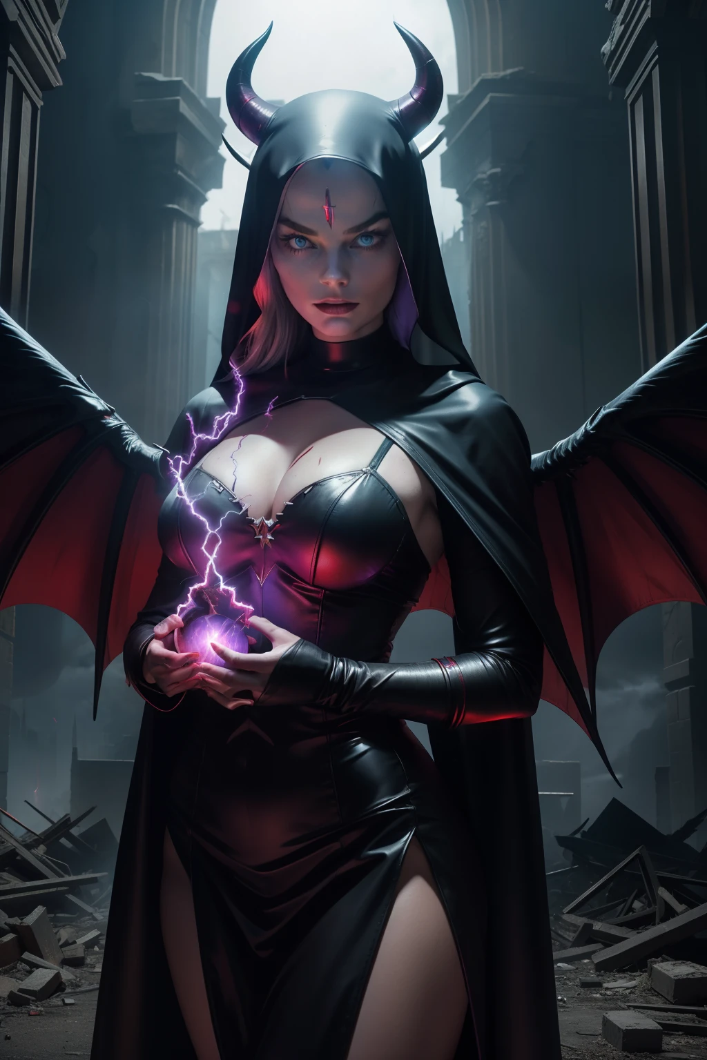 Margot Robbie : The evil nun, Demon horn on the head, Demon wings in the back , an evil red glow emanating from her, His hands preparing a sphere of purple energy, Throwing lightning in ruins Post-apocalyptic city, diabolique, insidieux, Context of the Satanic Church