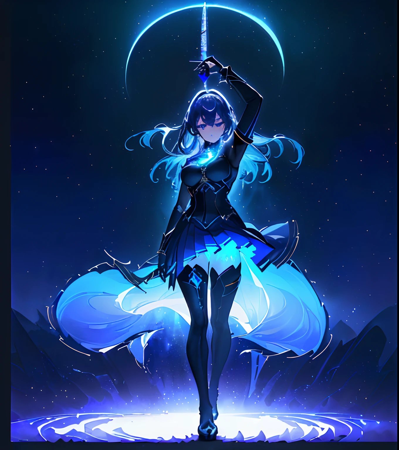 1girl in, (masterpiece), (Top image quality), hight resolution, extremely details CG, 8k wallpaper, intricate detailes, (parse, dark moody lighting, Mystical, Mystical), (Shines, The energy, silhuette, Particles of light, full body Esbian, Blue theme:1.4), Cool, holds a sword, Black combat uniform, Mechanically, krystal,