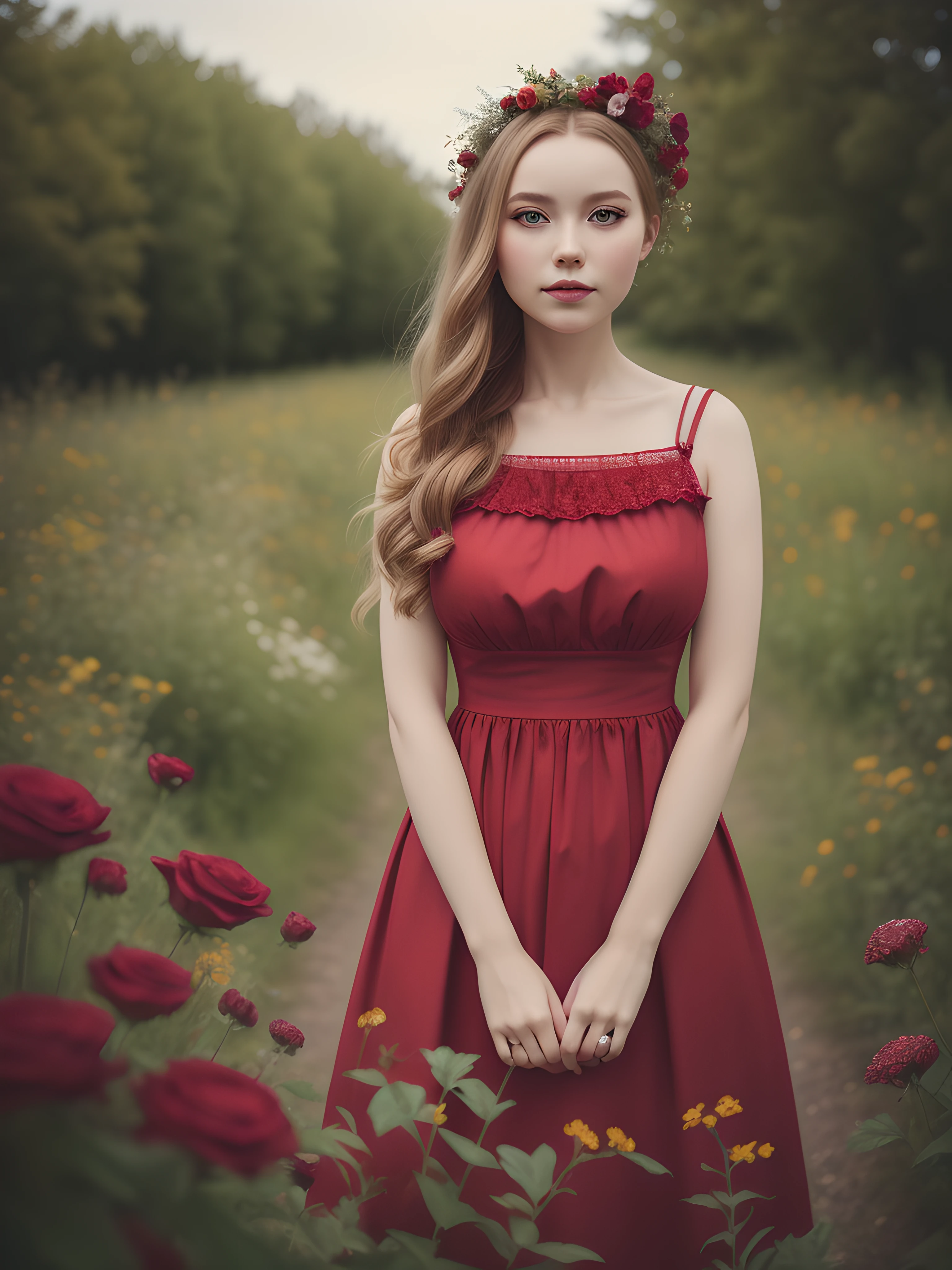 by Oprisco, masterpiece, Portrait, scandinavian girl, red retro dress, big Breasts, on nature, flowers, dark vignetting, 4k, hiquality,