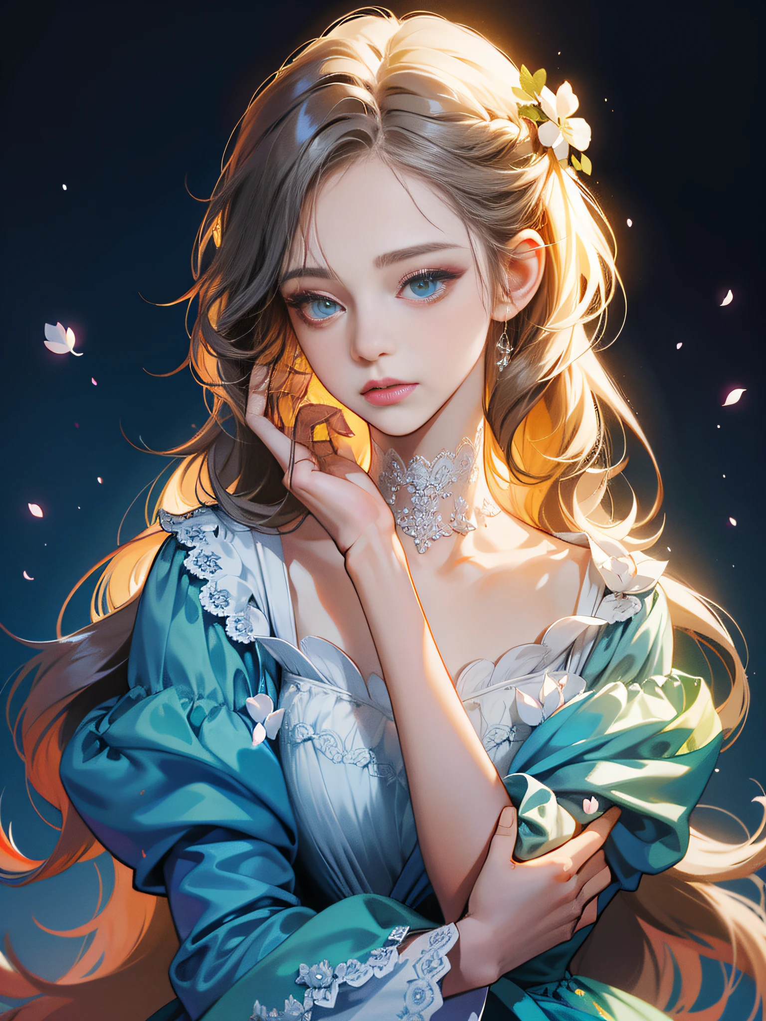 A lovely beautiful girl,lovely and delicate,Peerless beauty,Delicate hair accessories,pitying,(messy hair),Costume in lace,Supple skin,Fashionab,A delicate painting,Clover hairpins,Blue,Ultra-high image quality,8K,depth of fields,(Macro lens),Ambient lighting,high light,Upper body animation style,Comics,High quality above the waist