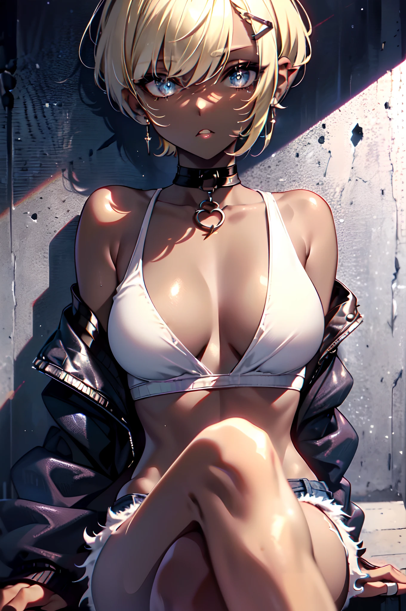 Top quality, incredibly beautiful, very delicate 8k wallpaper, Transcendently Beautiful Girl, looking_to_the_side, tongue_out, (masterpiece face, masterpiece eyes:1.5), (pixie cut hair:1.3), (blonde hair, short shaved sides, very short back, very short side, under cut, side cut:1.3), (long eyelashes, red lips), (deep skin, dark skin:1.5), bare_legs, choker, piercing, (jacket with white fur:1.1), half undress, tank top, denim shorts, Flat_Chest, Huge_breasts, wide_lower back, (five fingers, 4fingers and 1thumb), sitting,