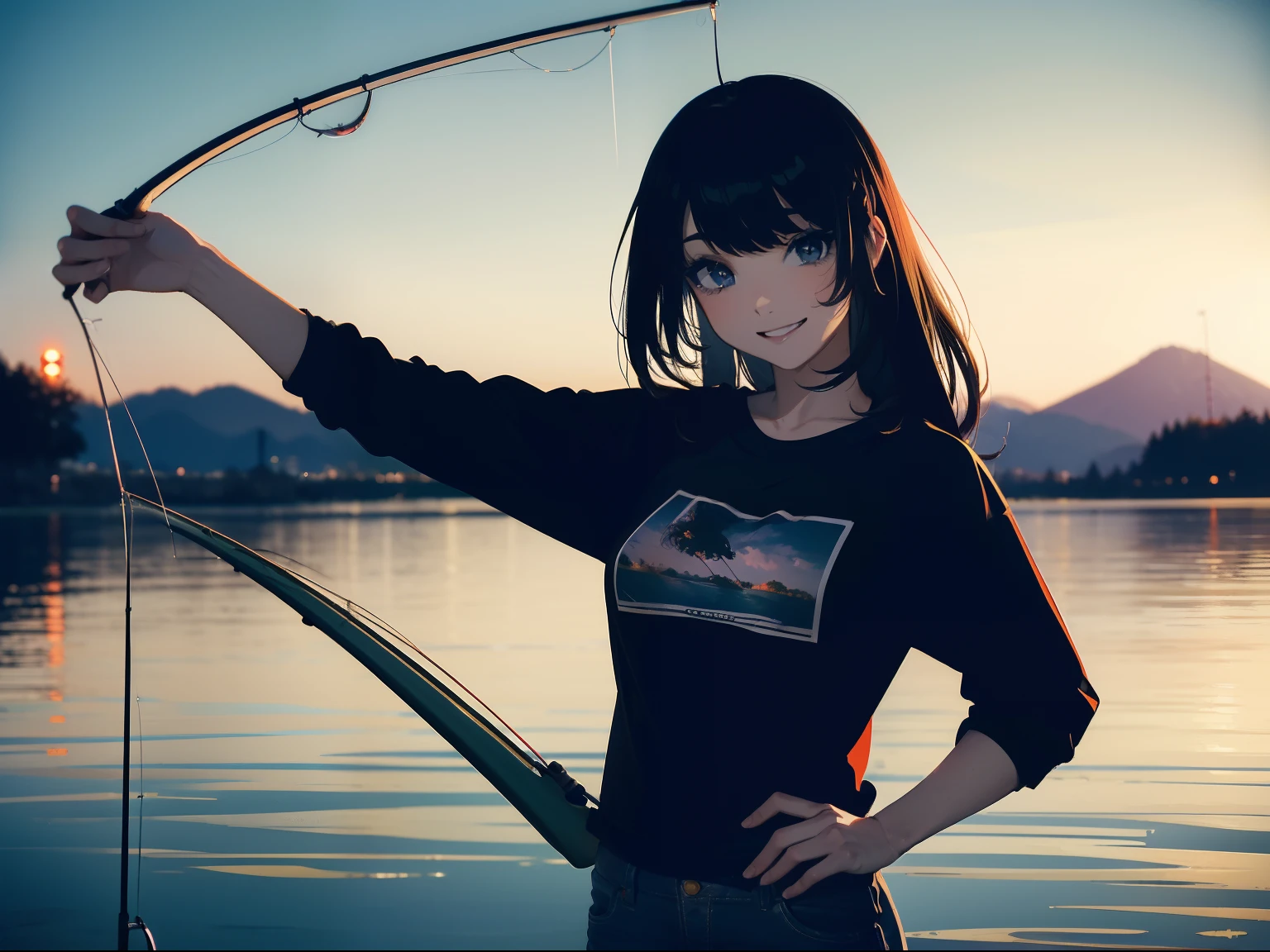 (((casting a lure with a fishing rod))) (((stand by the lakeside:1.1))),((Best quality, Masterpiece :1.3)),(1 japanese mature female),large mouth bass,black hair, longeyelashes, solid circle eyes, light smile, drop shadow, atmospheric perspective, 8k, super detail, ccurate, best quality, small breasts,black jacket, Black T-shirt ,navy blue jeans,