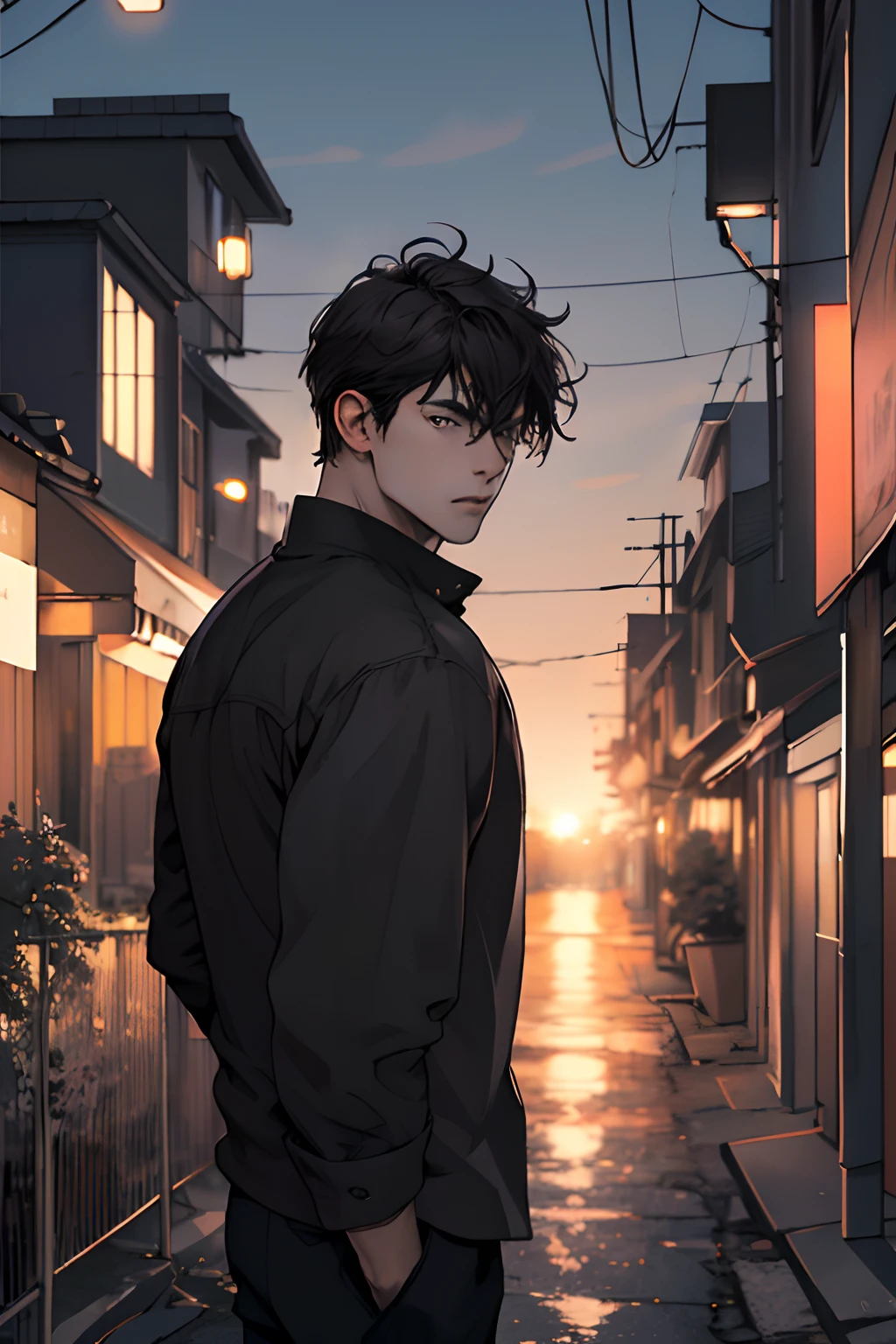 1man,masterpiece,best quality, ultra high res, dusk,cityscape,depth of field, short black messy hair, solo male