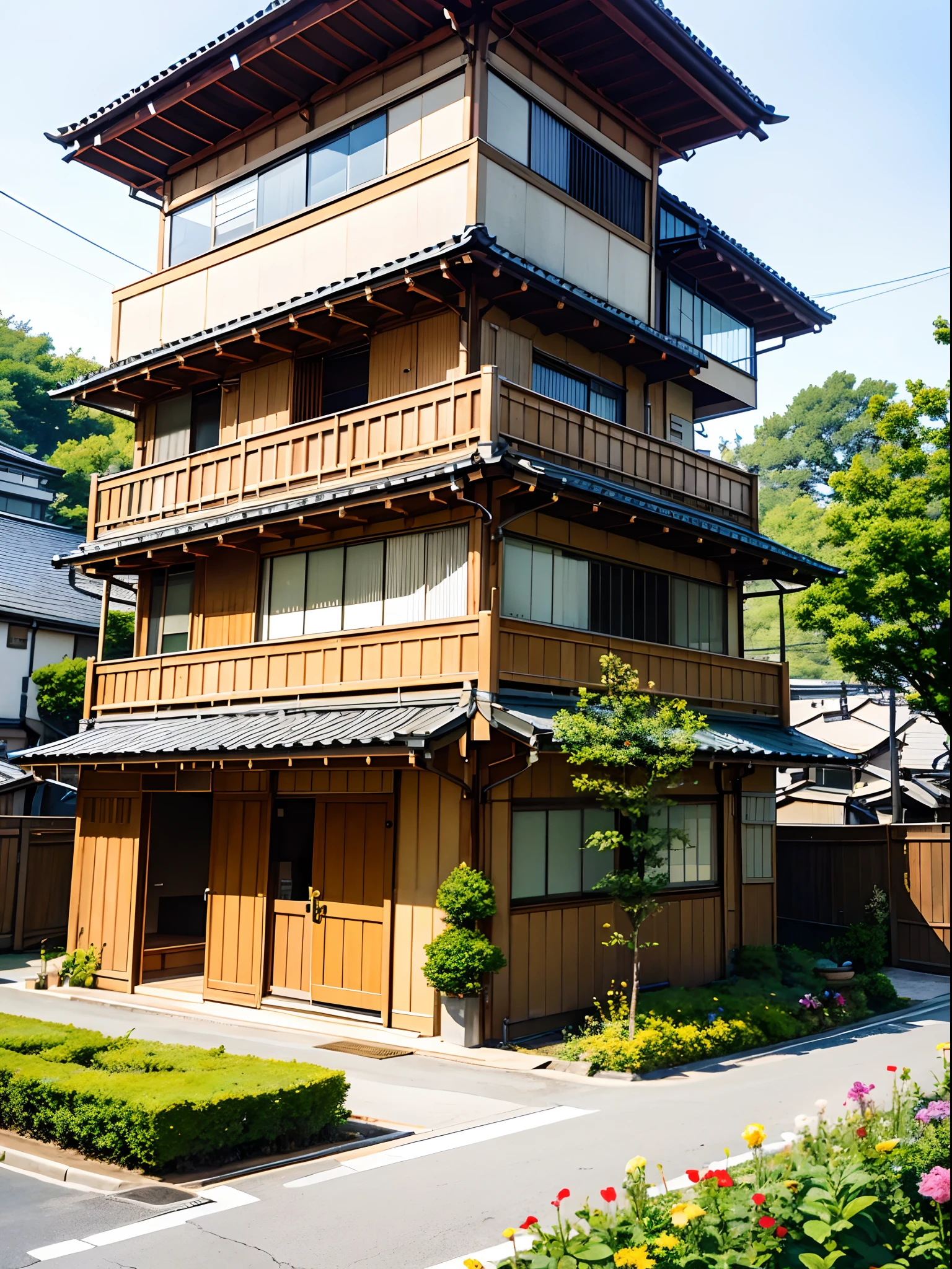 Photo of a small yet modern house in Tokyo with quite a few windows and some flowers in anime style