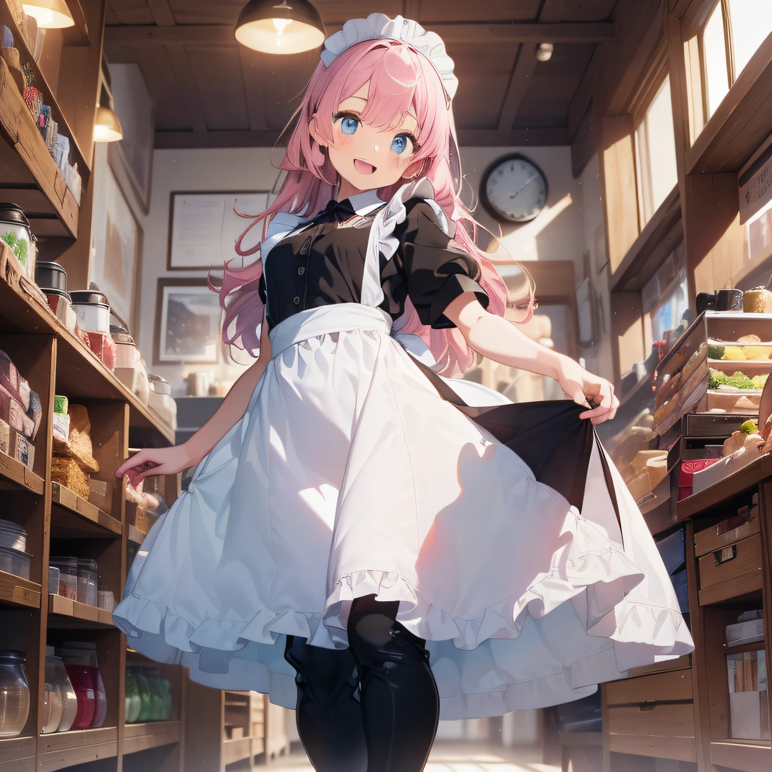(super fine illustrations:1.2),(masutepiece, 8K), (Best quality, High quality:1.4), porate、((Super pastel)),Perfect anatomy, ultra - detailed, ultra - detailed,Masterpiece background,beautiful detailed background, V8K wallpapers,Perfect design, 1girl in, Solo, (arms out,Slender, Very short sleeves,Pink hair,maid, Hefty Smile、(Bring lunch),from below, Cowboy shot:1.2), (light smile, Open mouth, 17 years old, Pink hair, (Super long hair,double tails), Blue eyes, Blue eyes, black shirt, Short sleeves, maid apronl, white maid apron, black long pants, Long pants, Long boots, slender girl), (Inside a coffee shop in a medieval European fantasy world)、Order